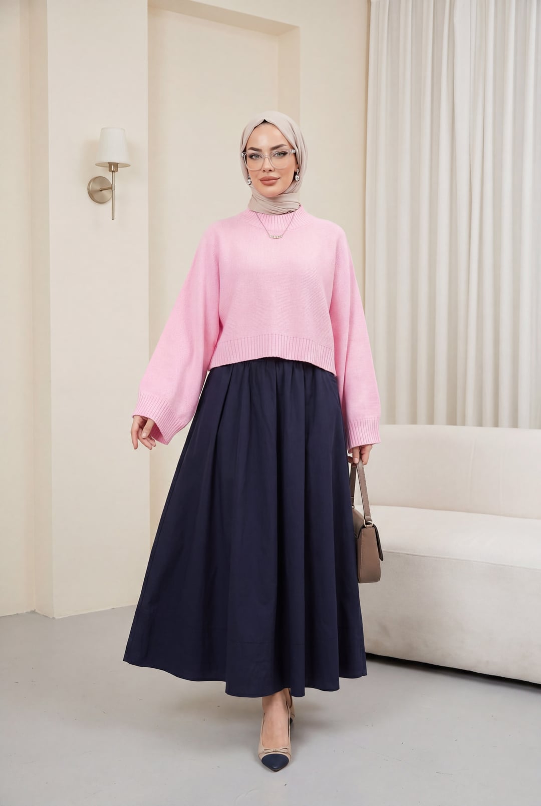 Half-High Neck Batwing Sleeve Tunic Sweater - Pink - Podyumplus - by Peralane - photo 2