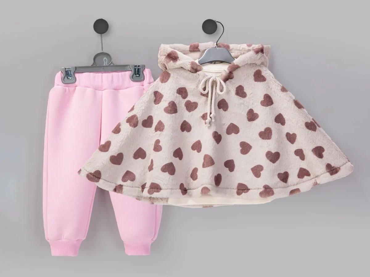 Girls' Hooded Cape and Trousers Set with Heart Print - Beyaz Bebek - by Peralane