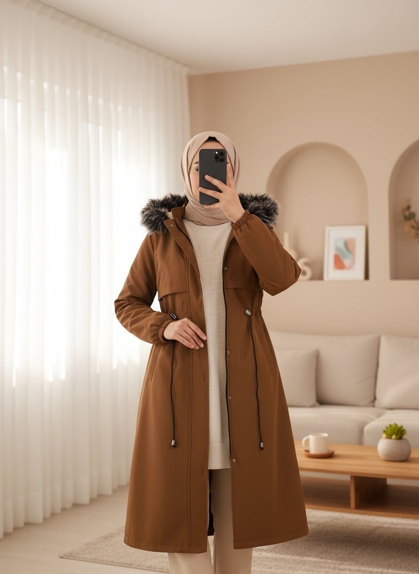 Women's Taba Long Drawstring Hooded Coat with Faux Fur Trim - Podyumplus - by Peralane