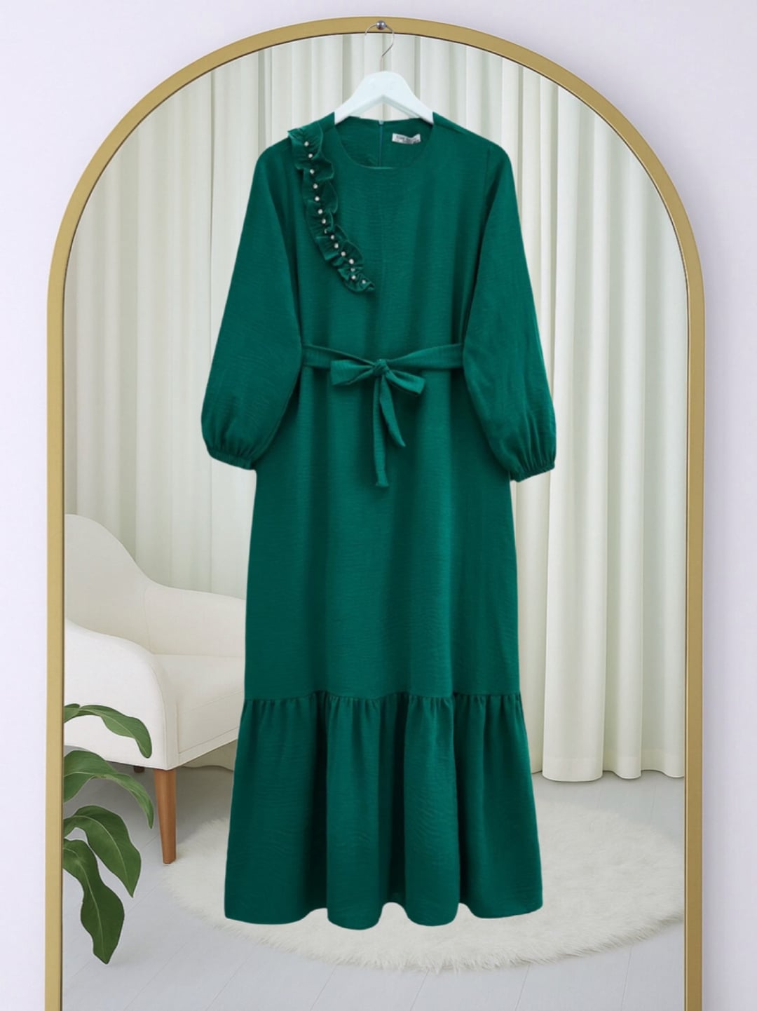 Ruffled Beaded Tiered Maxi Dress with Belt - Emerald - Podyumplus - by Peralane - photo 5