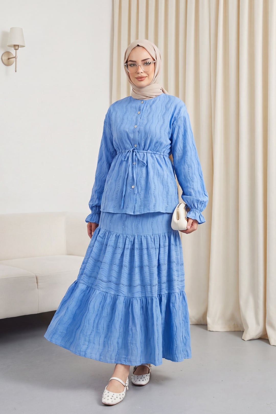 Blue Button-Front Drawstring Waist Two-Piece Set with Ruffled Skirt - Podyumplus - by Peralane