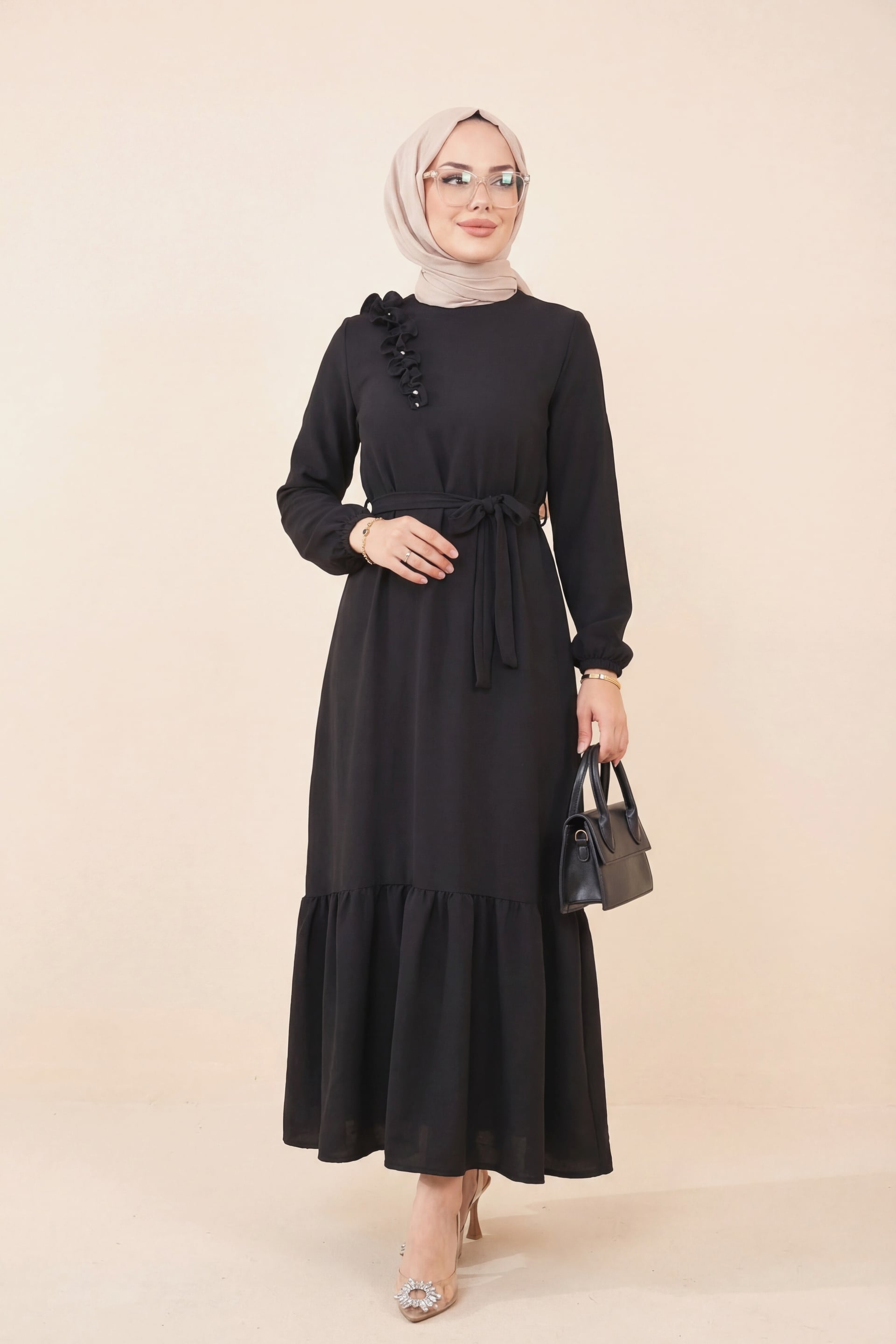 Ruffled Pearl Embellished Tiered Black Dress with Belt - Podyumplus - by Peralane