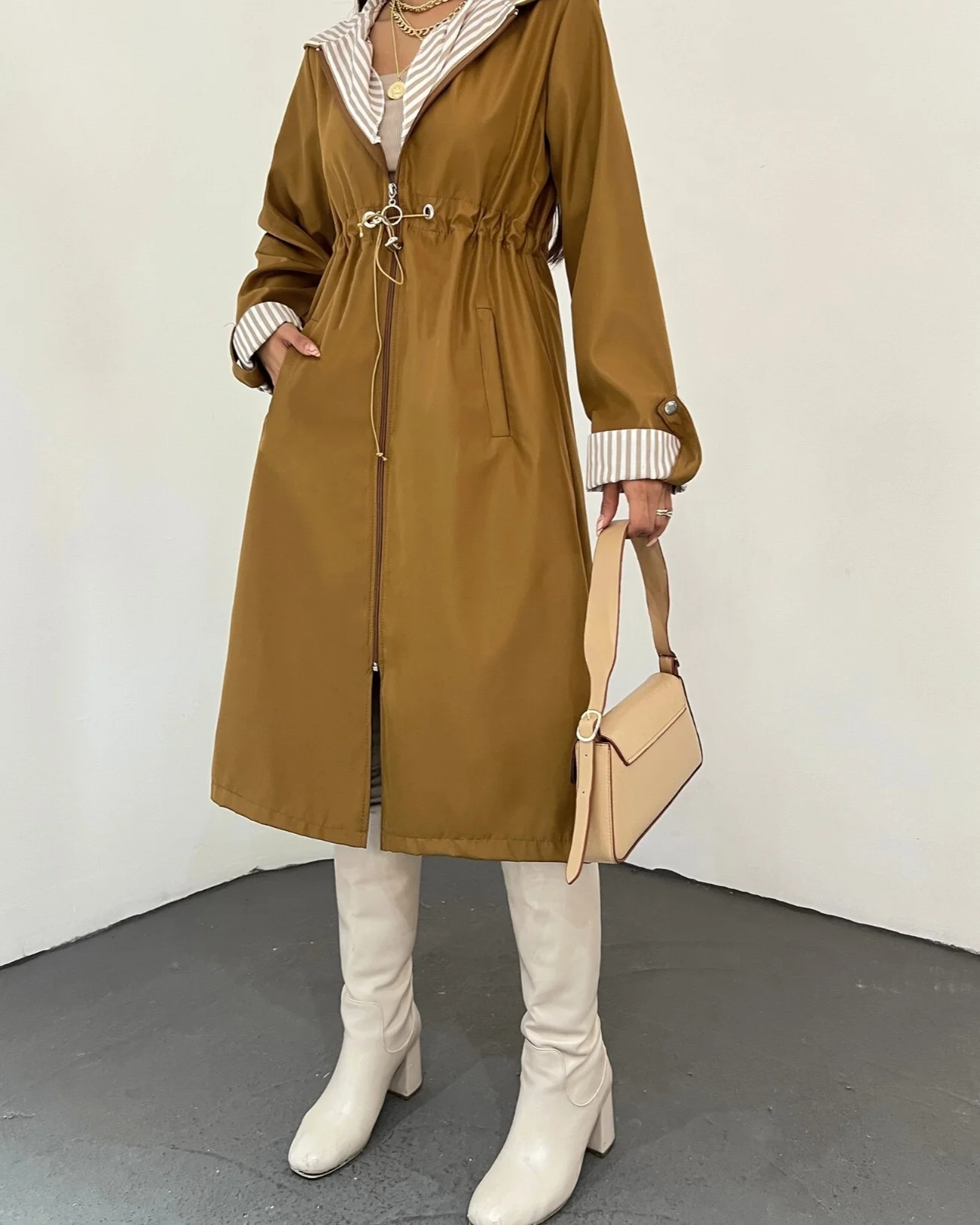 Women's Hooded Belted Trench Coat in Tan - Podyumplus - by Peralane - photo 2