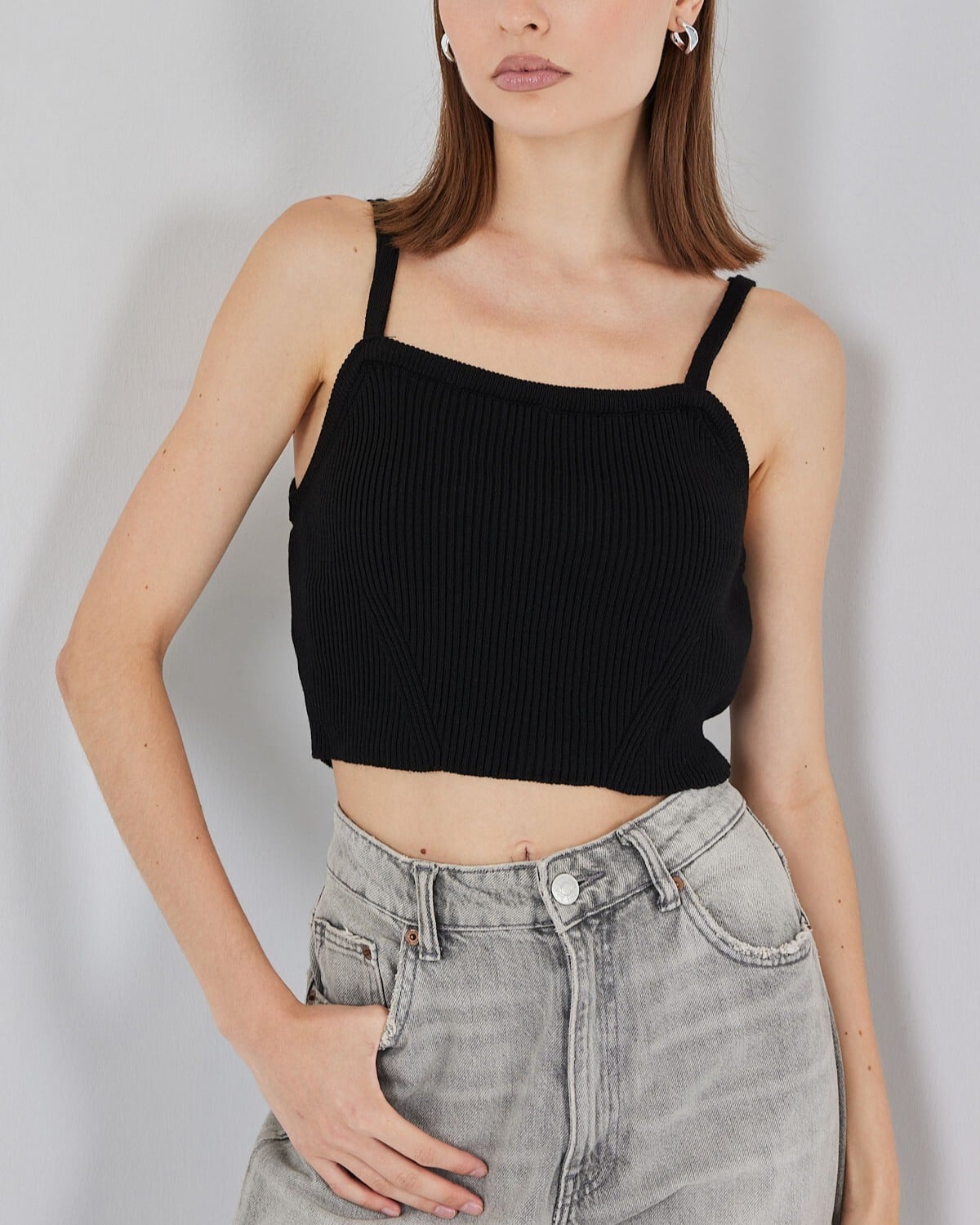 Women's Black Ribbed Knit Crop Tank Top with Square Neckline - Bigdart - by Peralane - photo 2