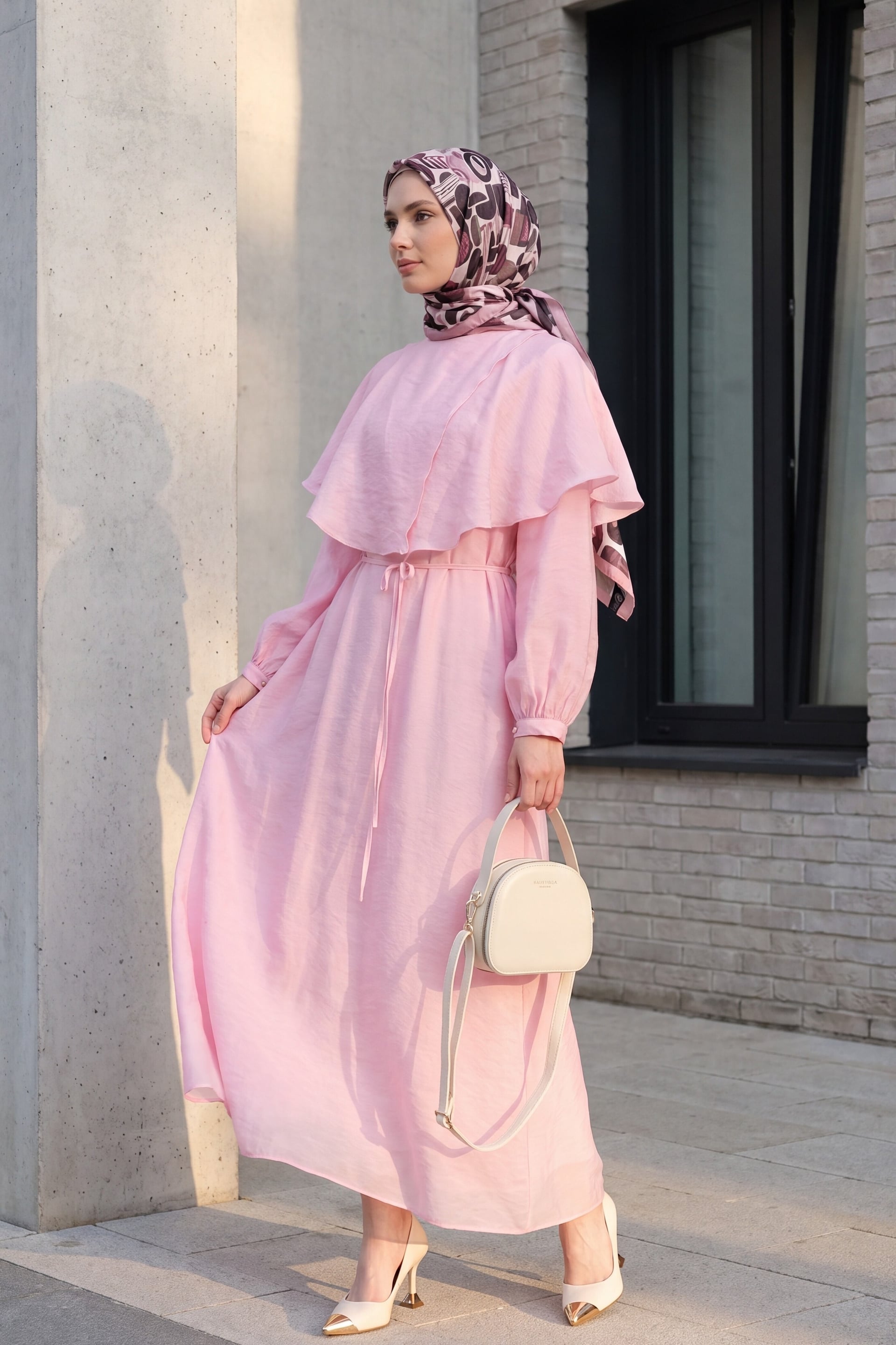 Pink Cape Detail Lined Belted Tulle Modal Dress - Women - Podyumplus - by Peralane - photo 4