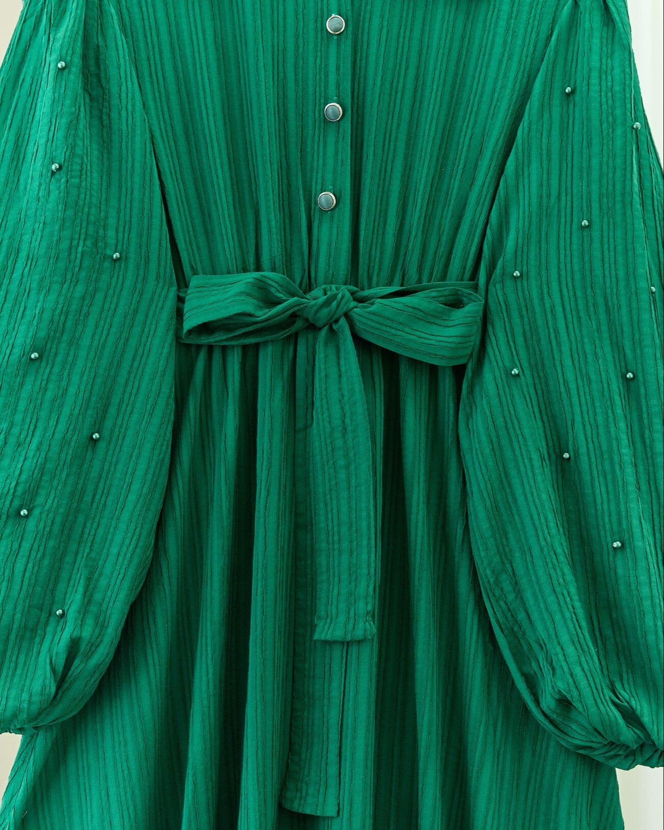 Pearl Detail Balloon Sleeve Crinkle Dress - Emerald - Podyumplus - by Peralane - photo 4