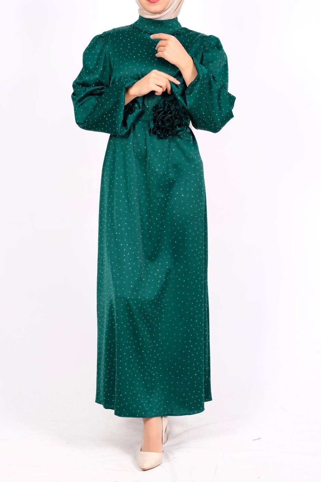 Emerald Green Polka Dot Satin Dress with Puffed Sleeves and Belt - Podyumplus - by Peralane - photo 4