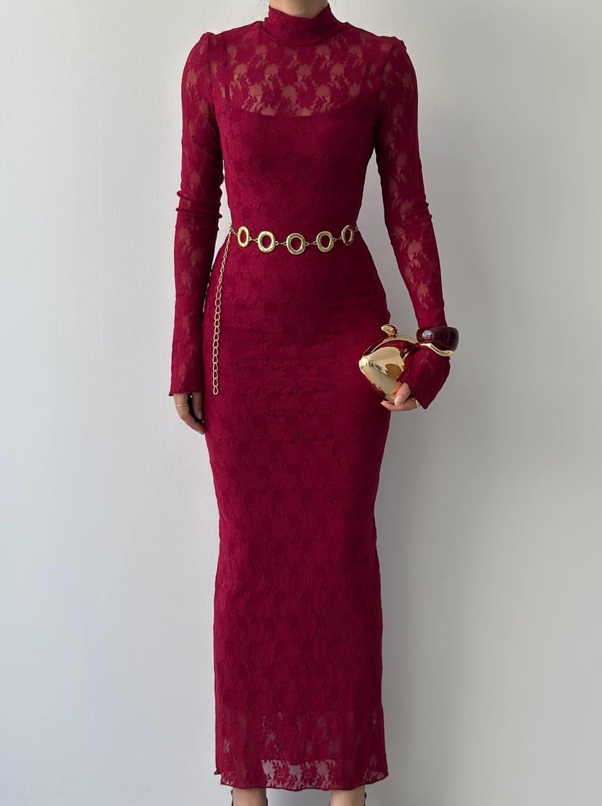 Bela Midi Dress ETK-00226 in Deep Red with Floral Lace - Etika - by Peralane - photo 2