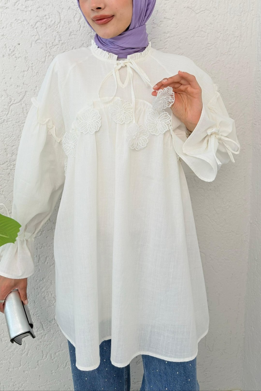 White Floral Embroidered Tie-Front Blouse with Ruffled Cuffs - Podyumplus - by Peralane