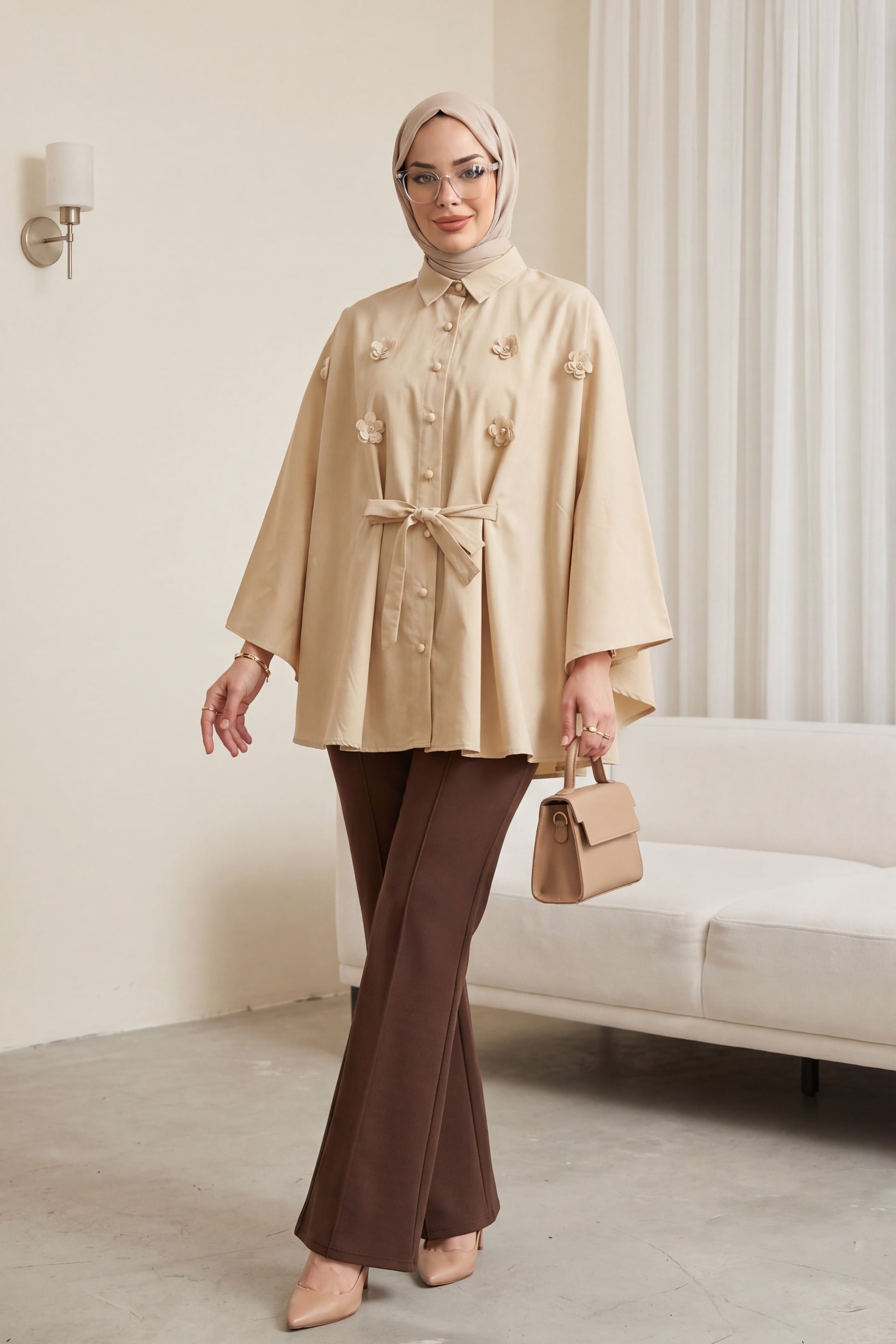 Beaded Floral Appliqué Belted Poplin Tunic - Beige - Podyumplus - by Peralane - photo 2