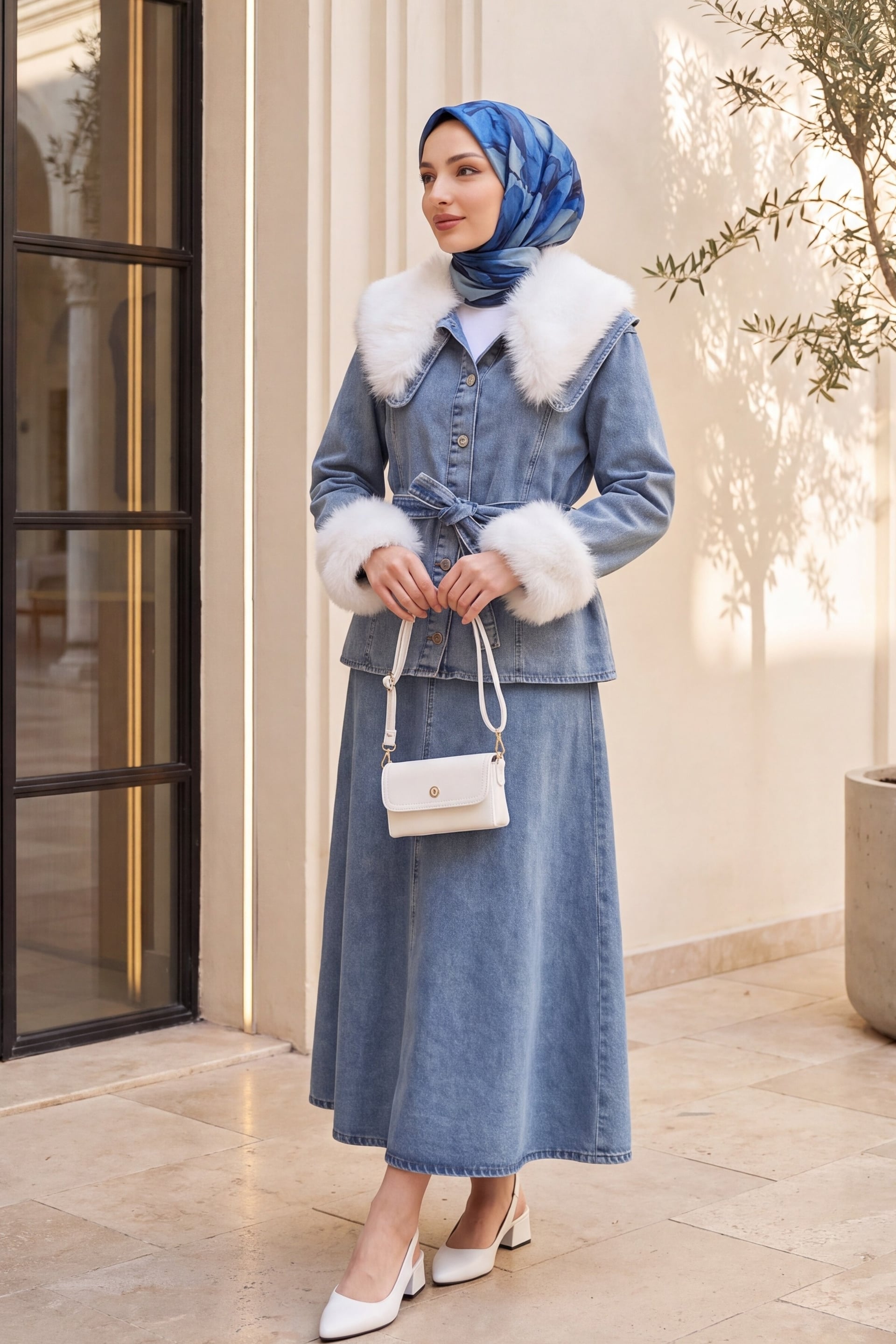 Women's Baby Collar Denim Suit with Faux Fur Collar and Cuffs, Belted Waist - Ice Blue - Podyumplus - by Peralane