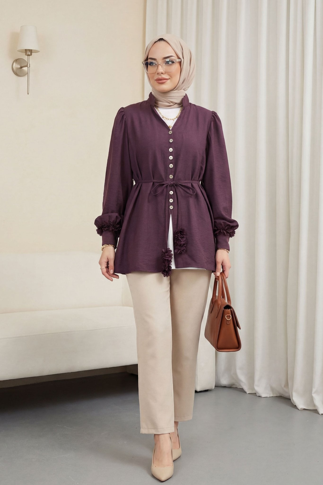 V-Neck Floral Sleeve Buttoned Tie Modal Tunic - Deep Plum - Podyumplus - by Peralane - photo 3