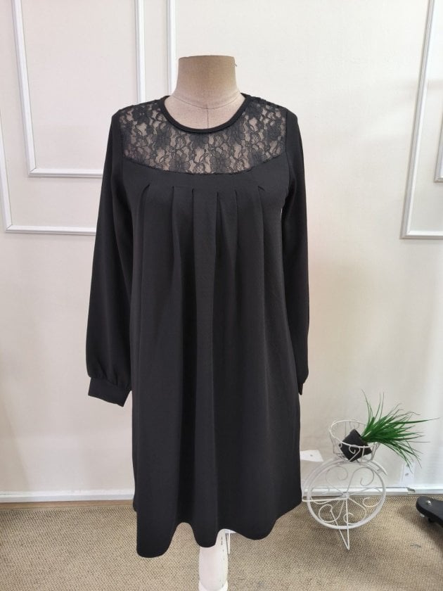 Women's Long-Sleeved Round Neck Lace Pleated Short Crepe Dress - Janes - by Peralane - photo 4