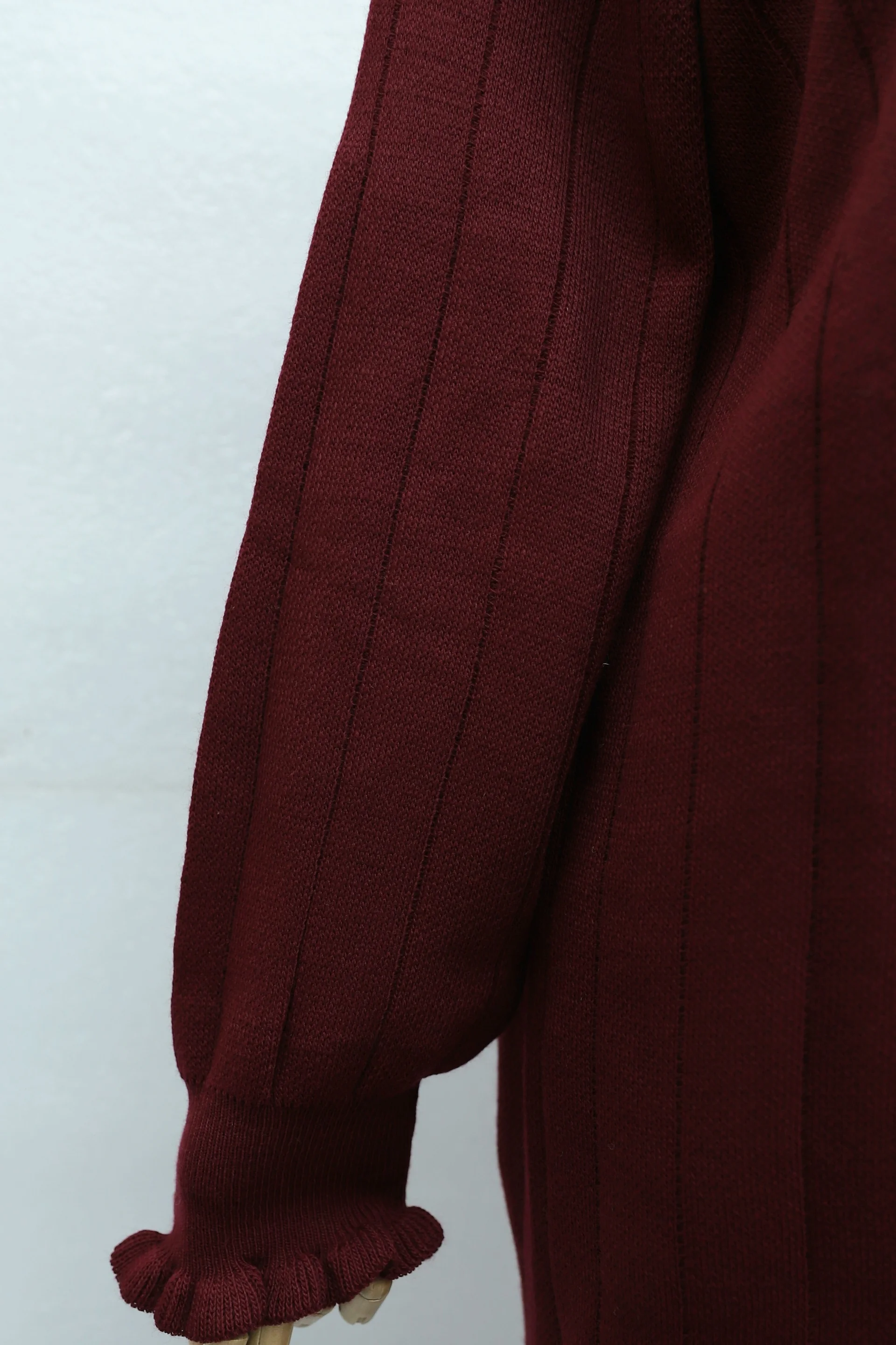 Ruffled Collar and Hem Button Detail Knit Dress - Burgundy - Podyumplus - by Peralane - photo 6