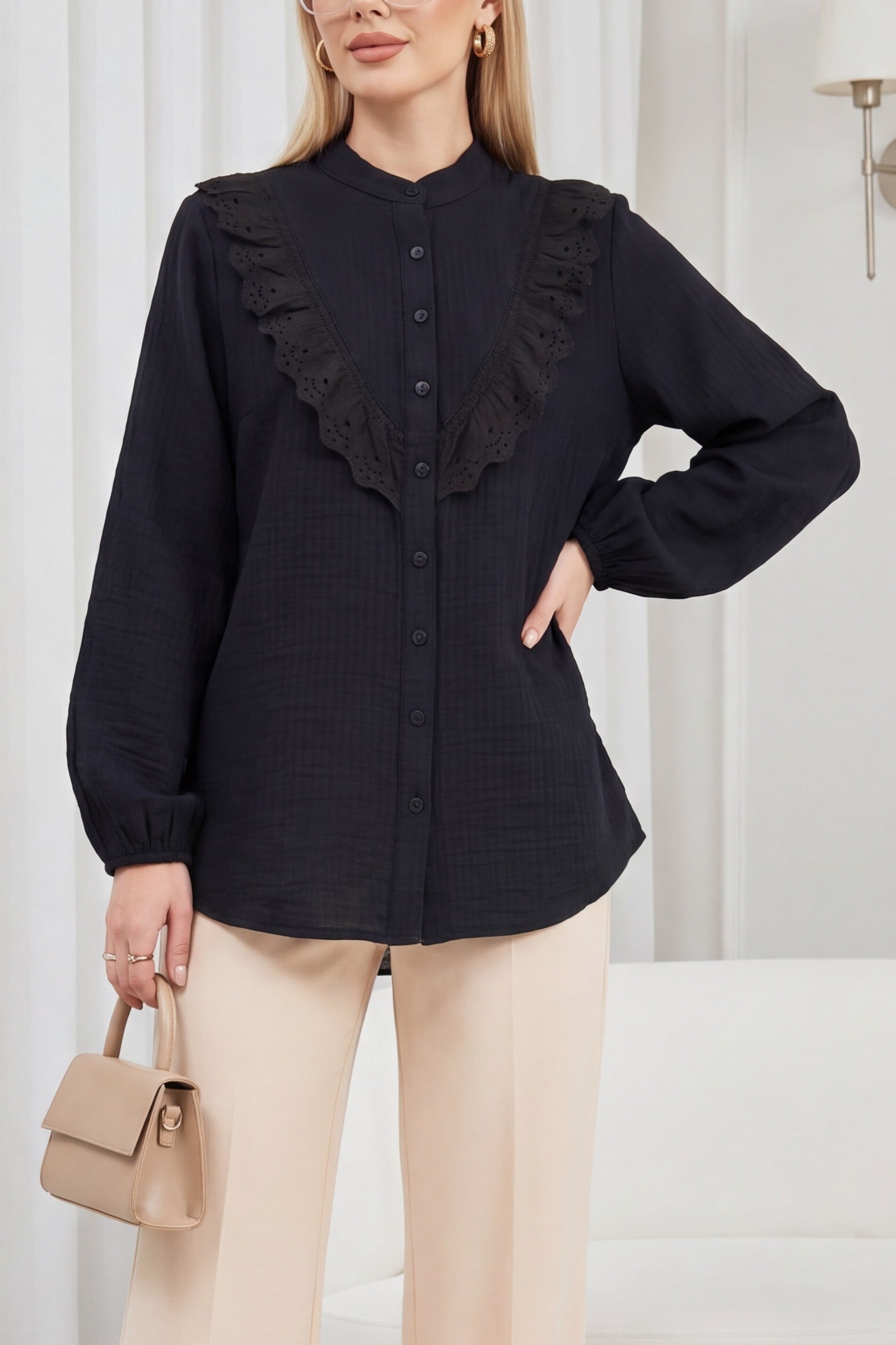 Black Crepe Blouse with Lace Front Detail and Button Closure - Podyumplus - by Peralane - photo 6