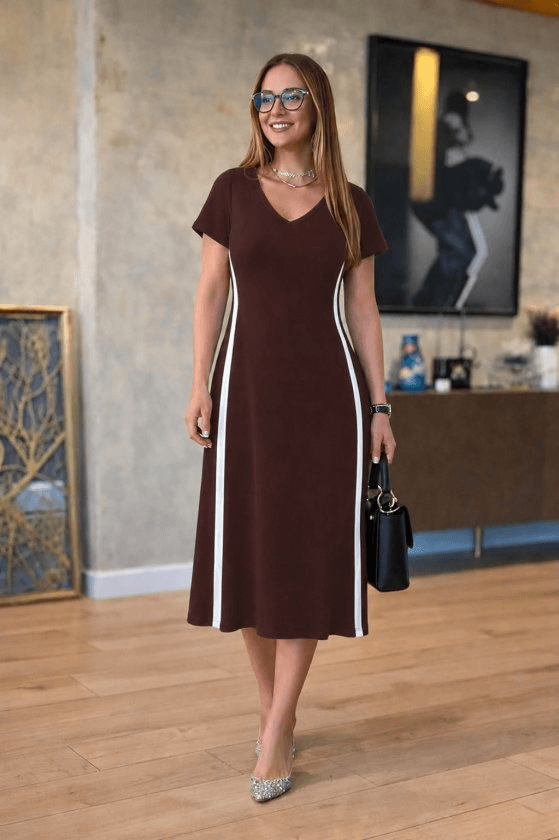 Women's Brown Midi Dress with Contrast Side Stripes - Janes - by Peralane