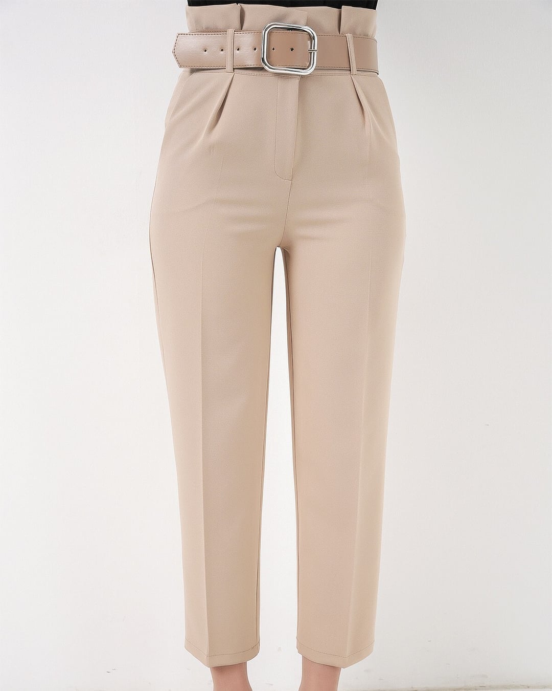 Cream Belted Fabric Trousers with Straight Leg and Cropped Length - Bigdart - by Peralane - photo 6