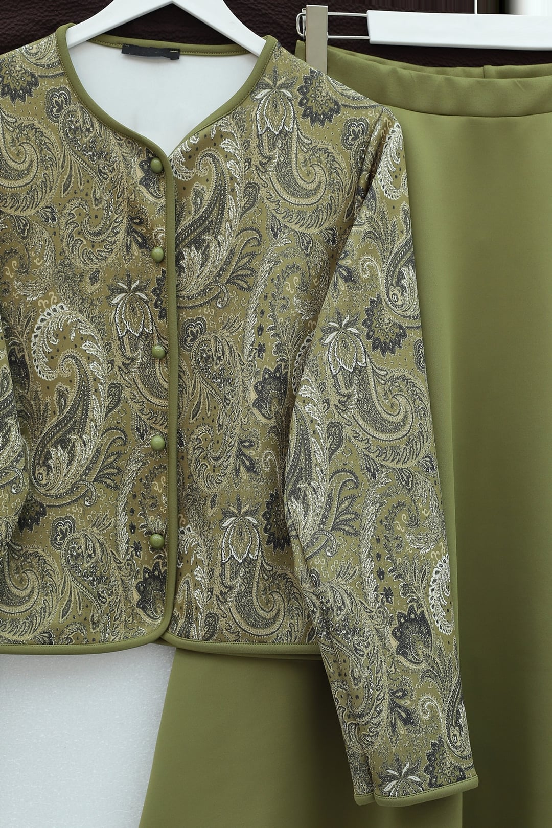 Ethnic Print Button-Front Scuba Jacket and Skirt Set - Olive - Podyumplus - by Peralane - photo 4