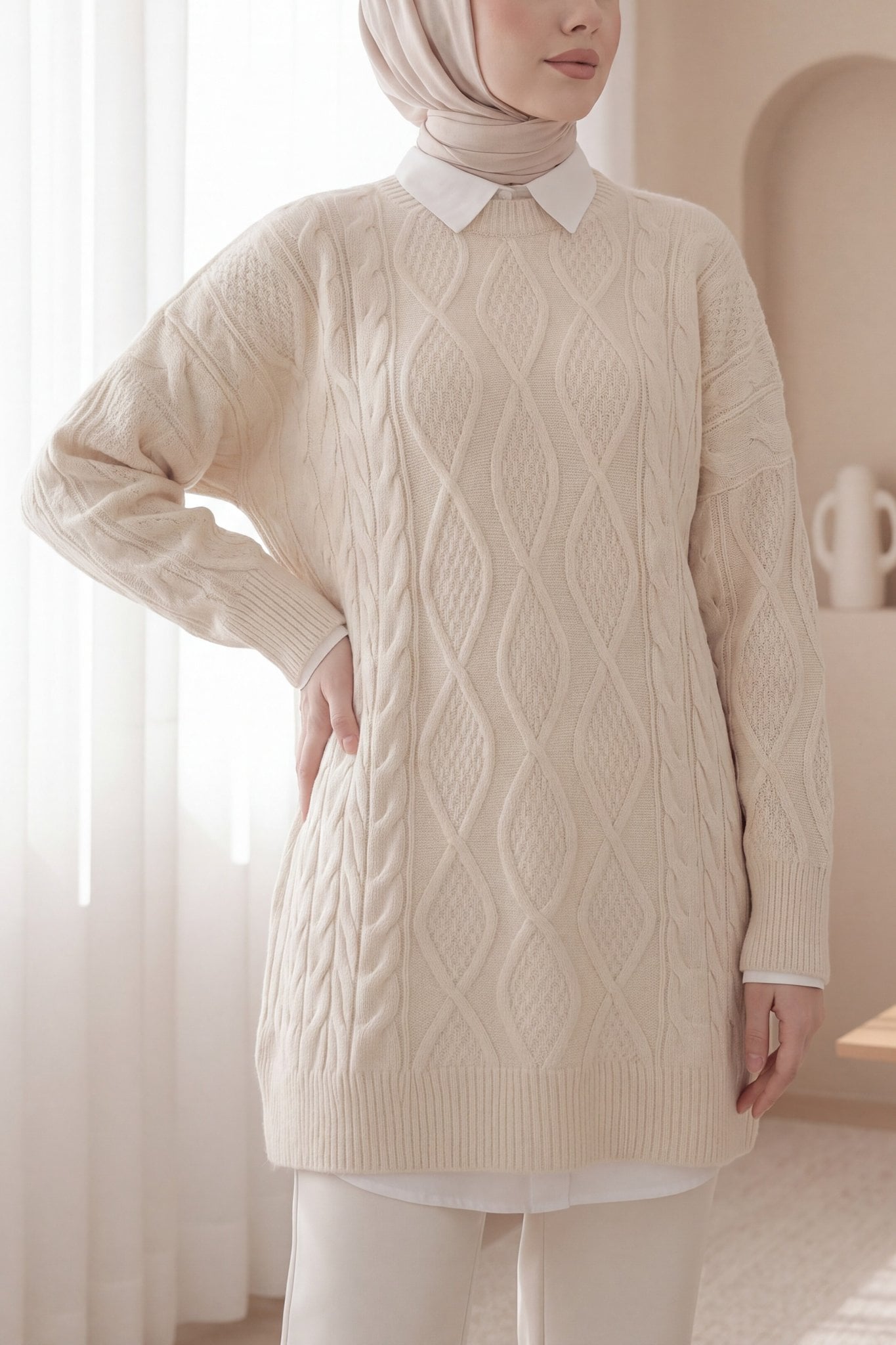 Ecru Cable Knit Long Tunic Sweatshirt for Women - Podyumplus - by Peralane