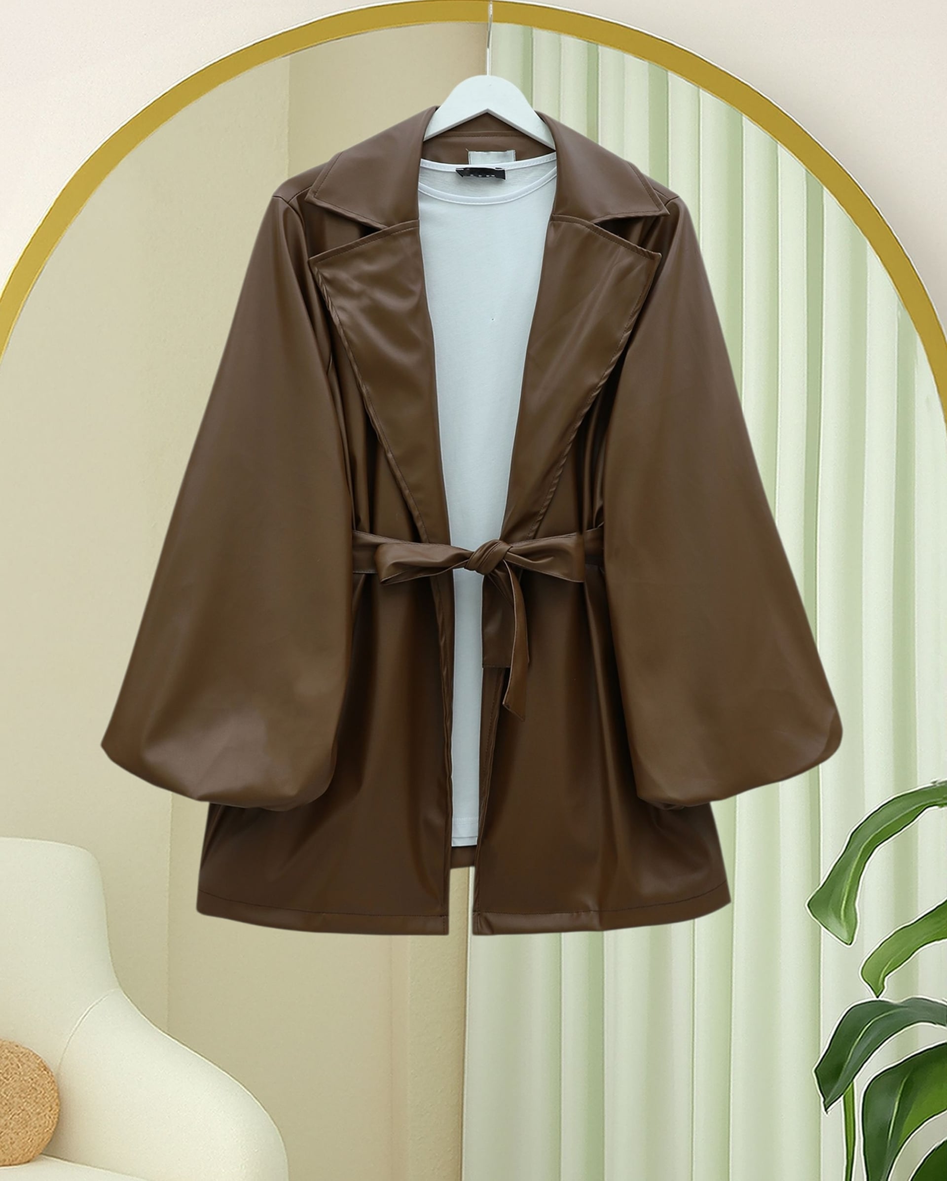 Balloon Sleeve Belted Faux Leather Trench Coat - Tan - Podyumplus - by Peralane - photo 2