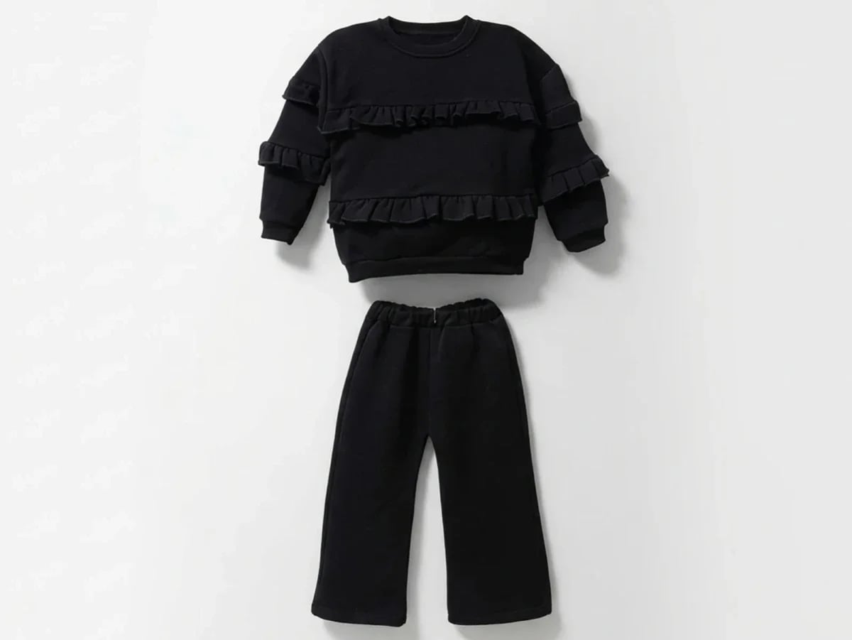 Girls' Two-Piece Ruffle Trim Sweatshirt and Trousers Set in Black - Vovido - by Peralane