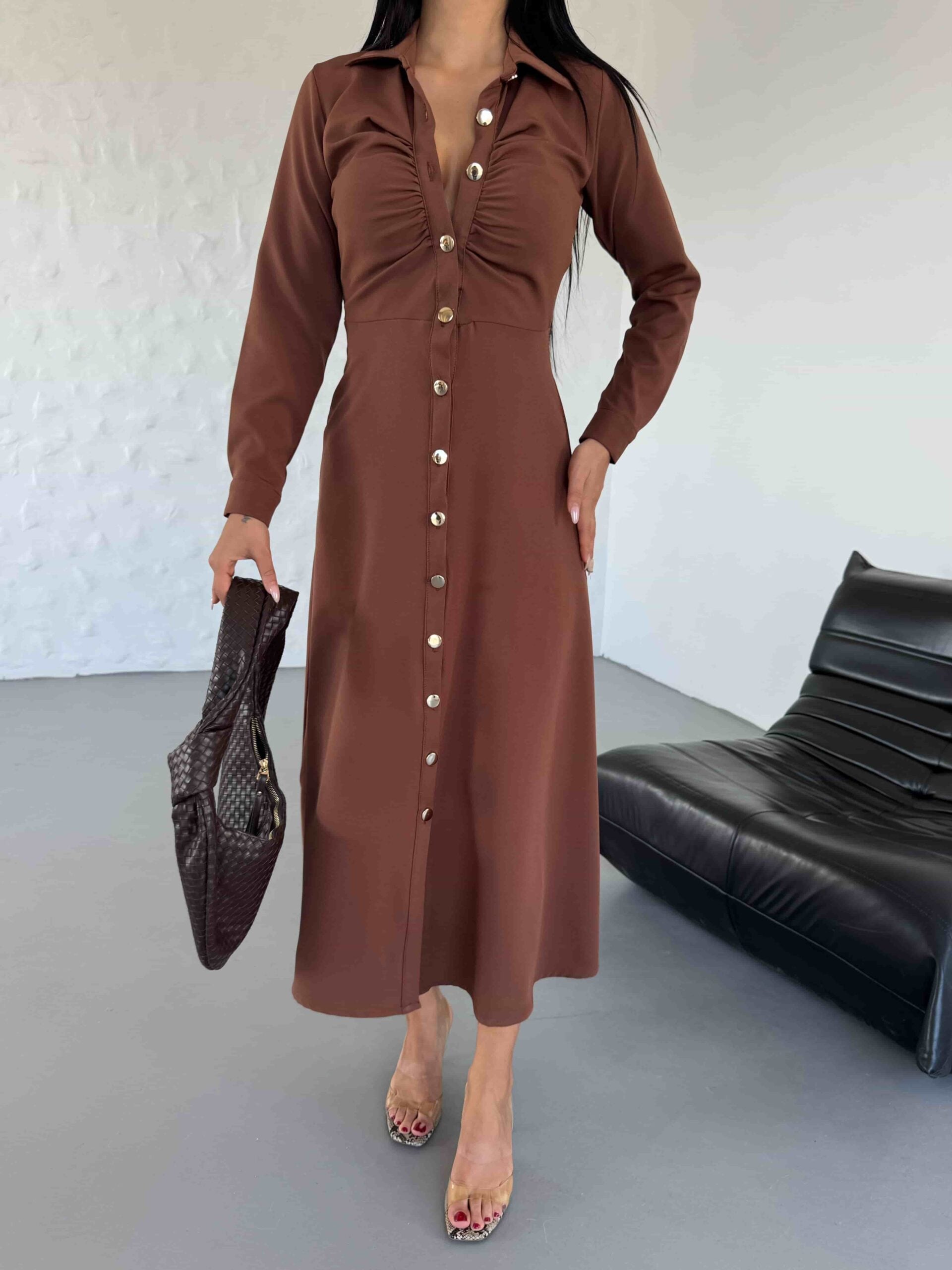 Women's Collared Midi Shirt Dress in Brown - My Bee - by Peralane