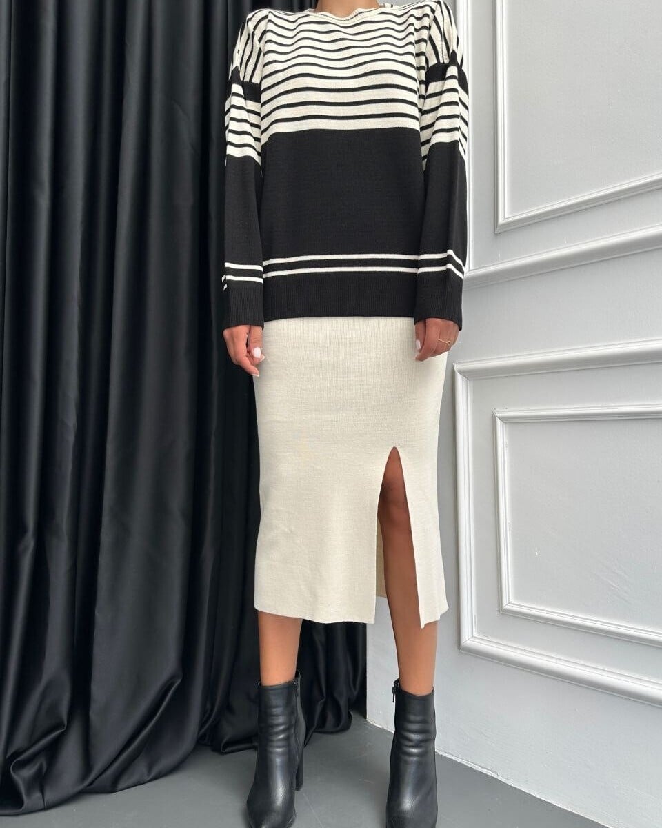 Striped Crew Neck Sweater and Skirt Knit Set - Cream - Podyumplus - by Peralane - photo 3