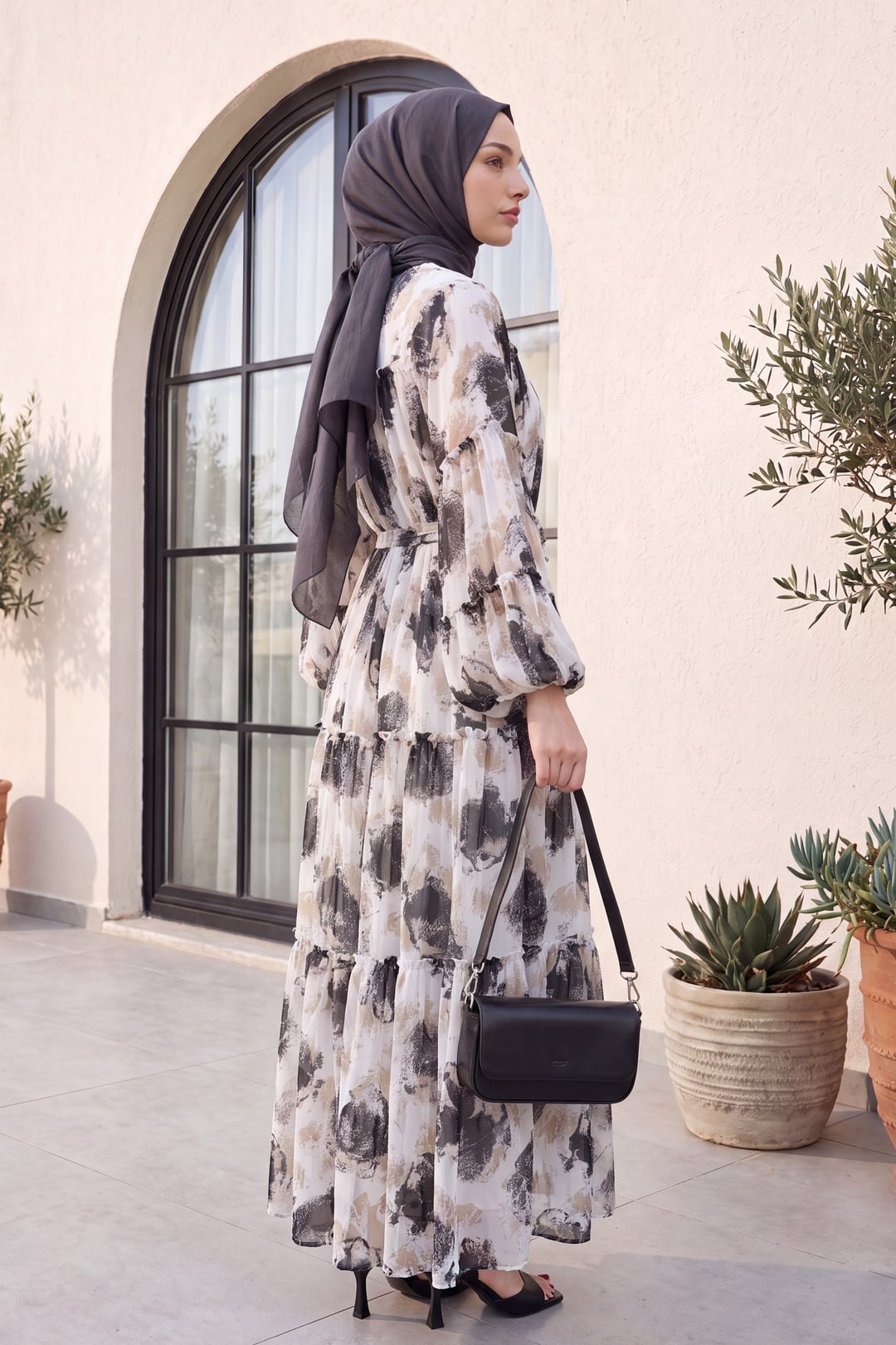 Patterned Lace-Up Lined Chiffon Dress - Black - Podyumplus - by Peralane - photo 4