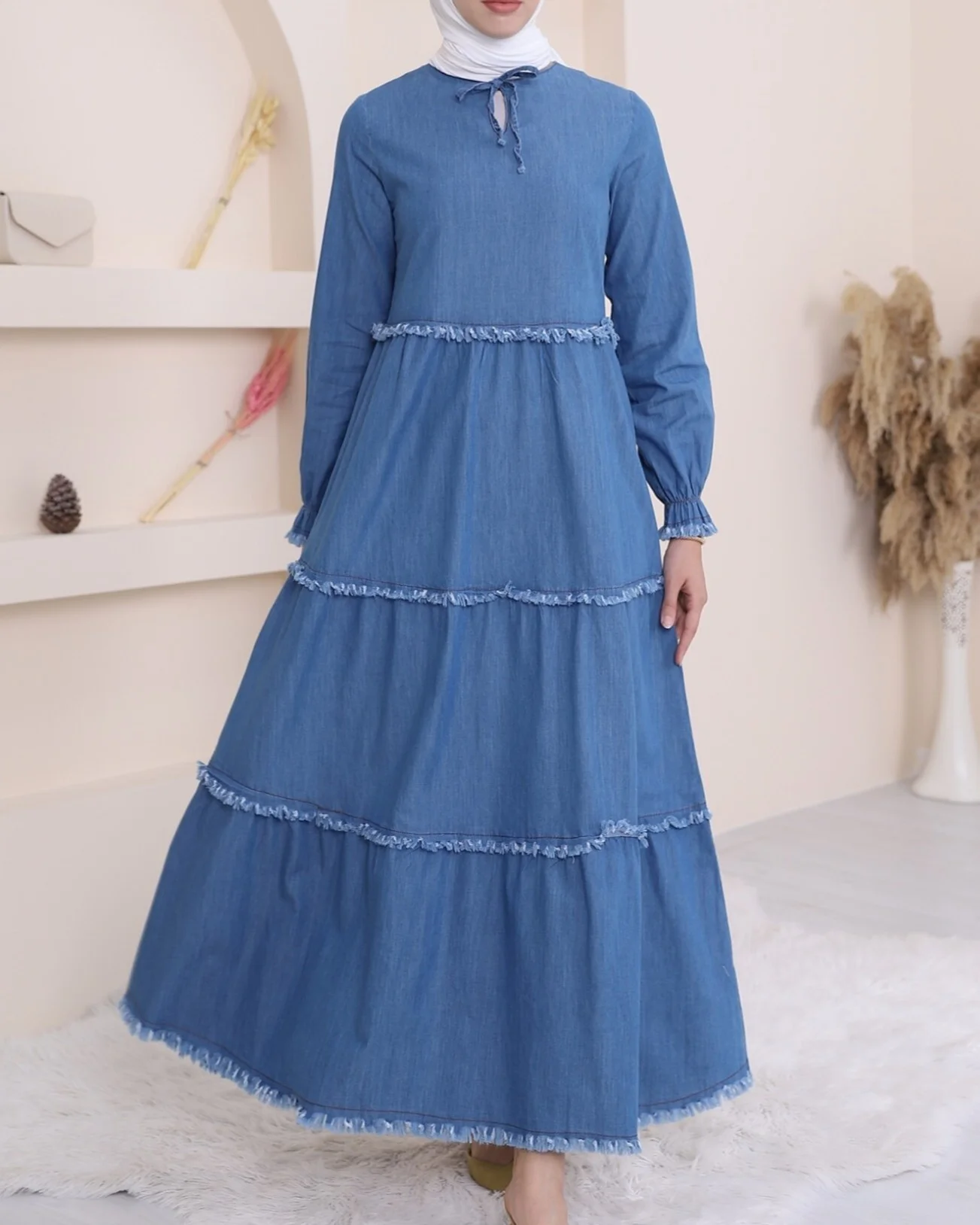 Three-Tier Washed Denim Dress - Blue - Podyumplus - by Peralane - photo 6