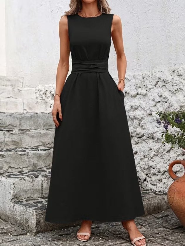 Women's Sleeveless Black Midi Dress with Self-Tie Belt - Janes - by Peralane - photo 3