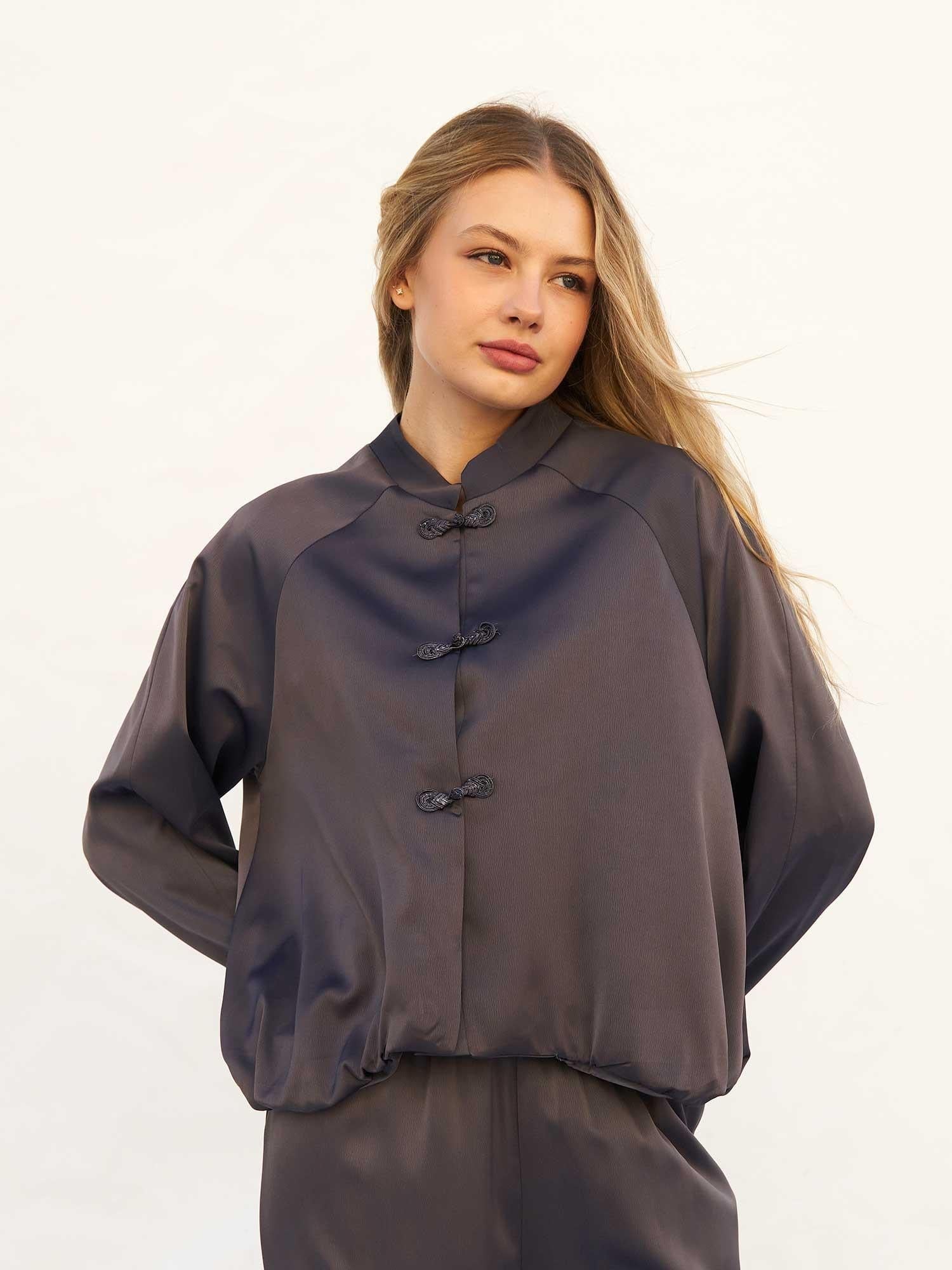 Women's Satin Bomber Jacket with Mandarin Collar and Frog Closures in Dark Grey - Lefon - by Peralane - photo 2