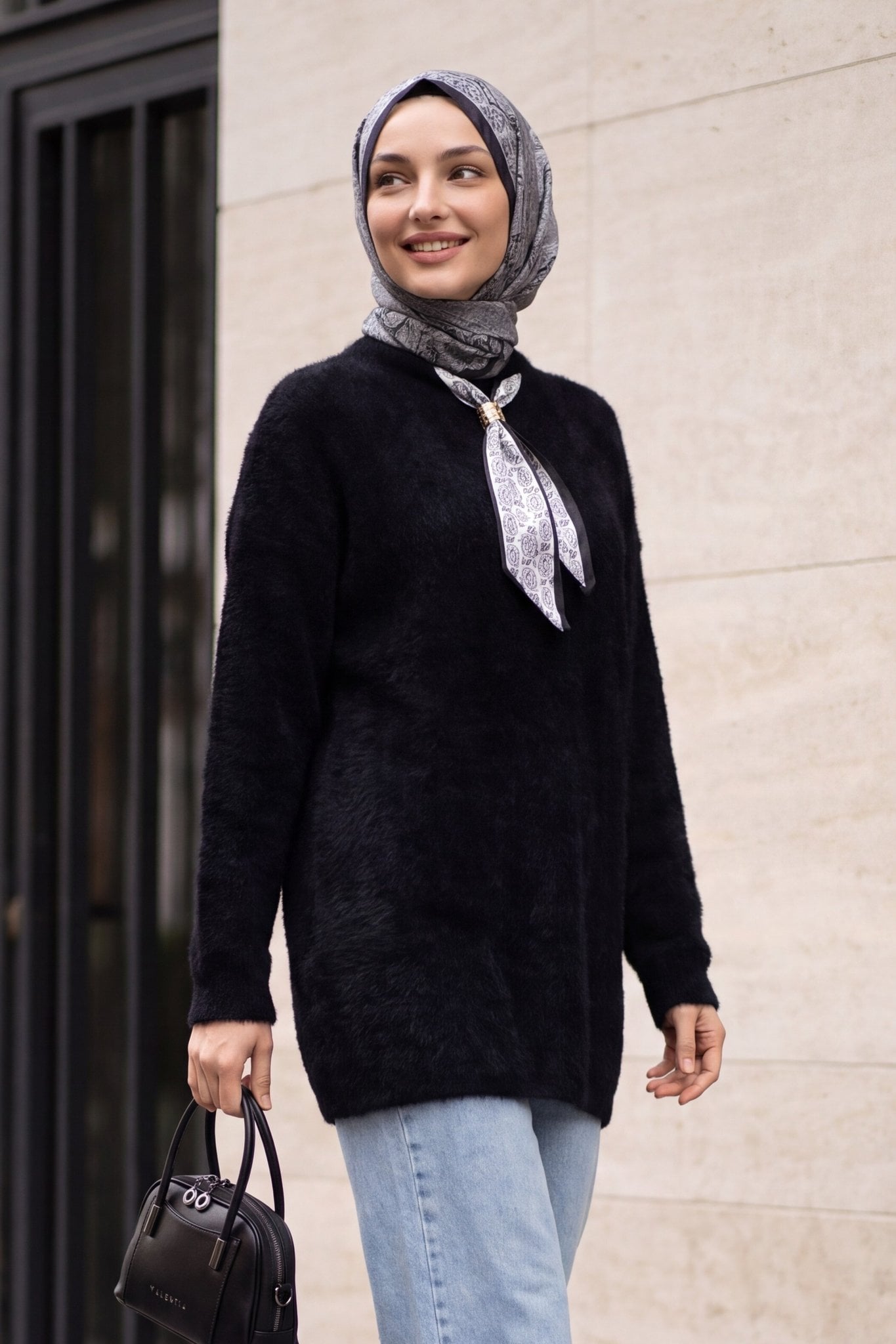 Black Fuzzy Knit Tunic with Scarf Collar Detail - Podyumplus - by Peralane - photo 2