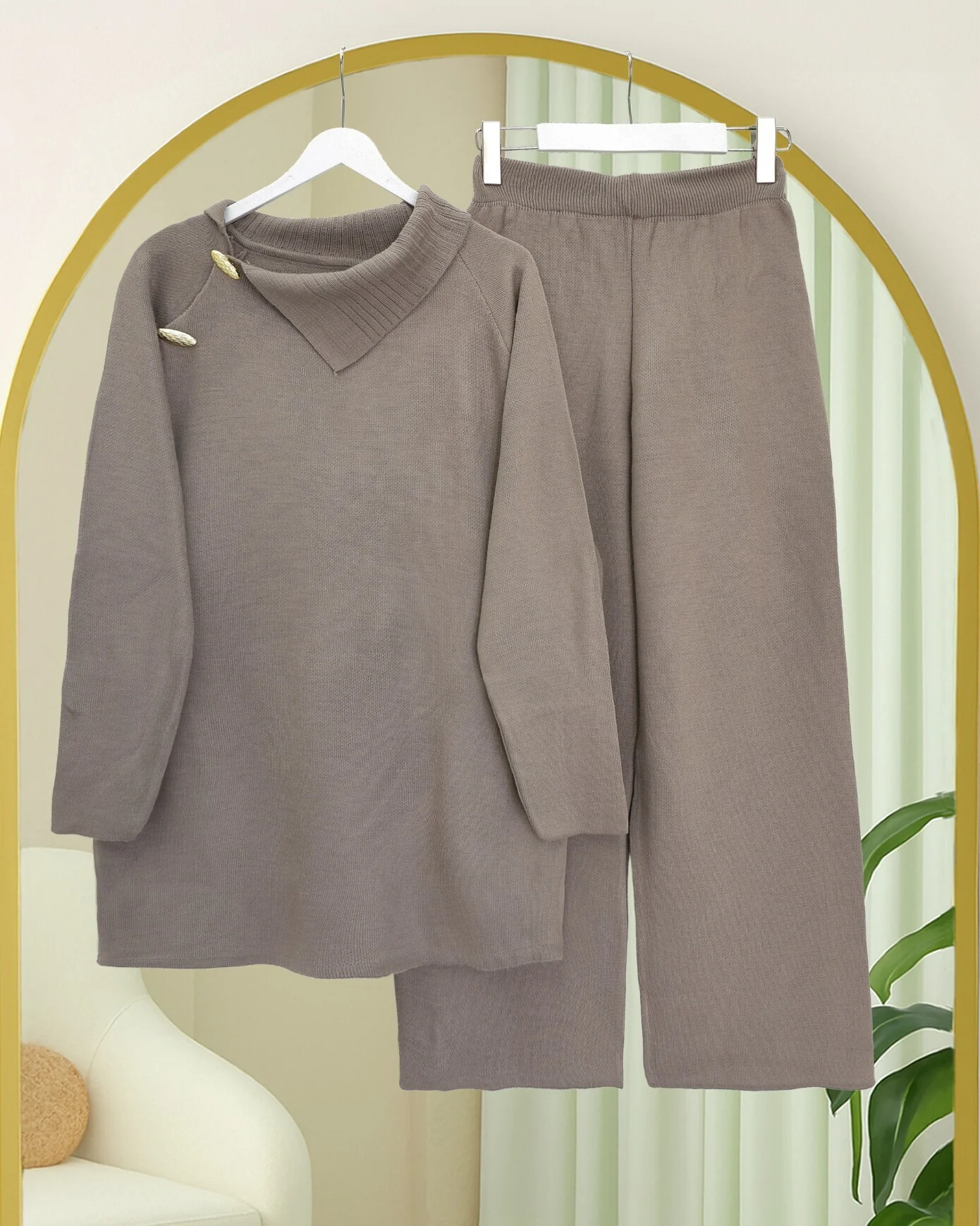 Half Collar Knit Co-ord Set with Cross Button Detail - Taupe - Podyumplus - by Peralane - photo 2