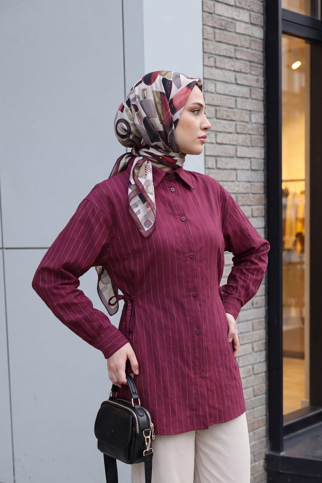 Side Lace-Up Striped Button Modal Tunic - Bordeaux - Podyumplus - by Peralane - photo 2