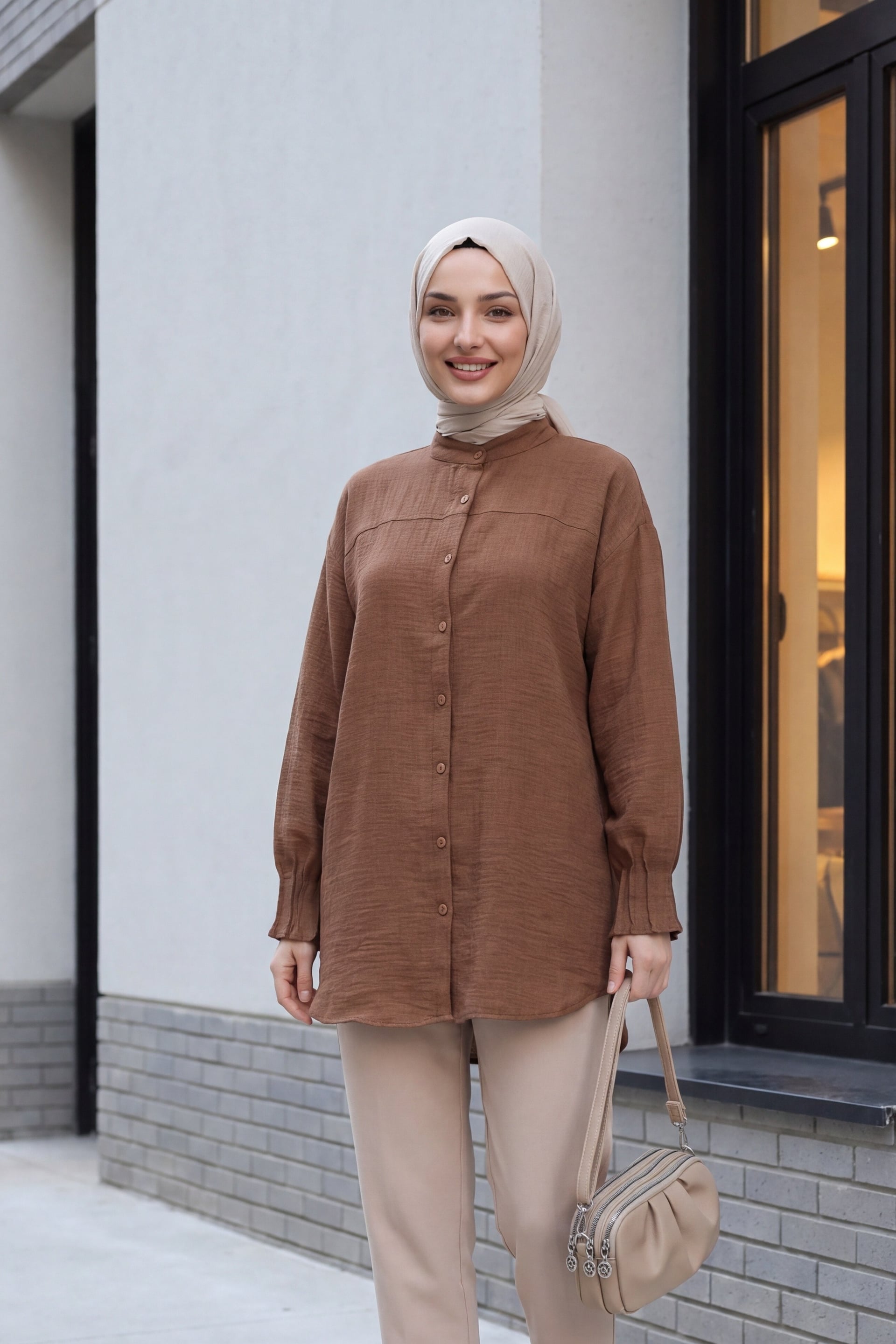 Oval Cut Tunic with Draped Cuff Detail - Tan - Podyumplus - by Peralane
