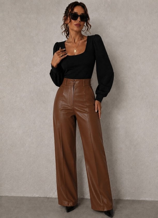 Women's High-Waist Faux Leather Wide-Leg Trousers with Pockets - Janes - by Peralane - photo 2