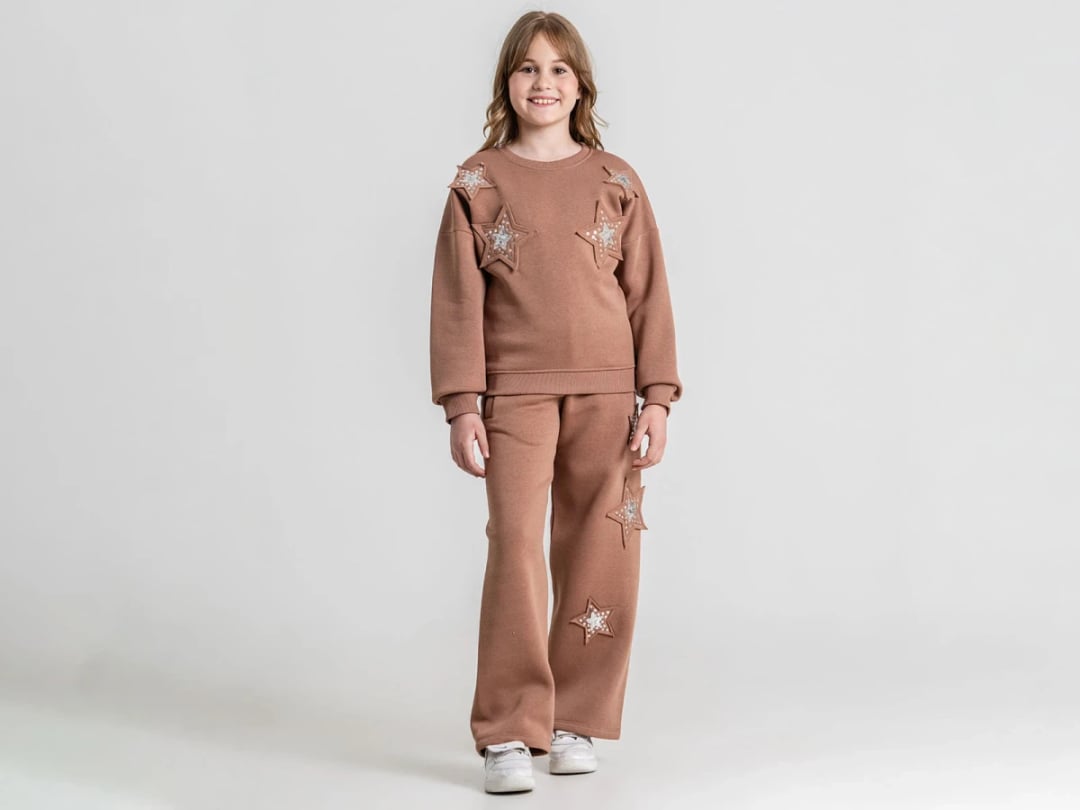 Star Detail 3-Thread Brushed Girls' Two-Piece Set - Brown - Pampal Kids - by Peralane