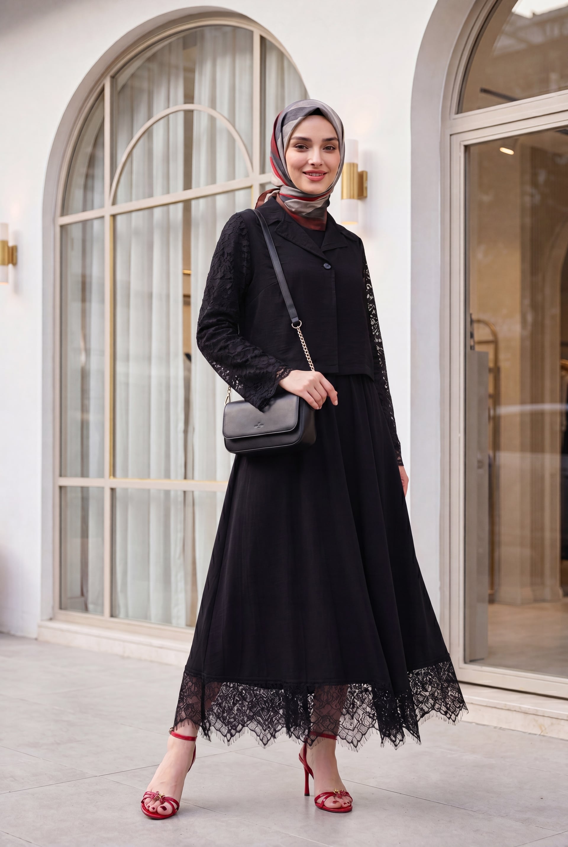 Women's Black Lace Detail Two-Piece Set with Long Sleeves and Skirt - Podyumplus - by Peralane - photo 3