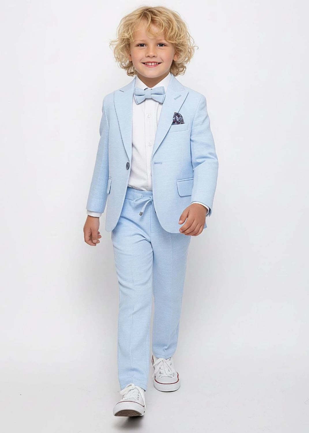 Boys' Light Blue Linen Suit Set with Shirt and Bowtie (11-14 Years) - Terry - by Peralane