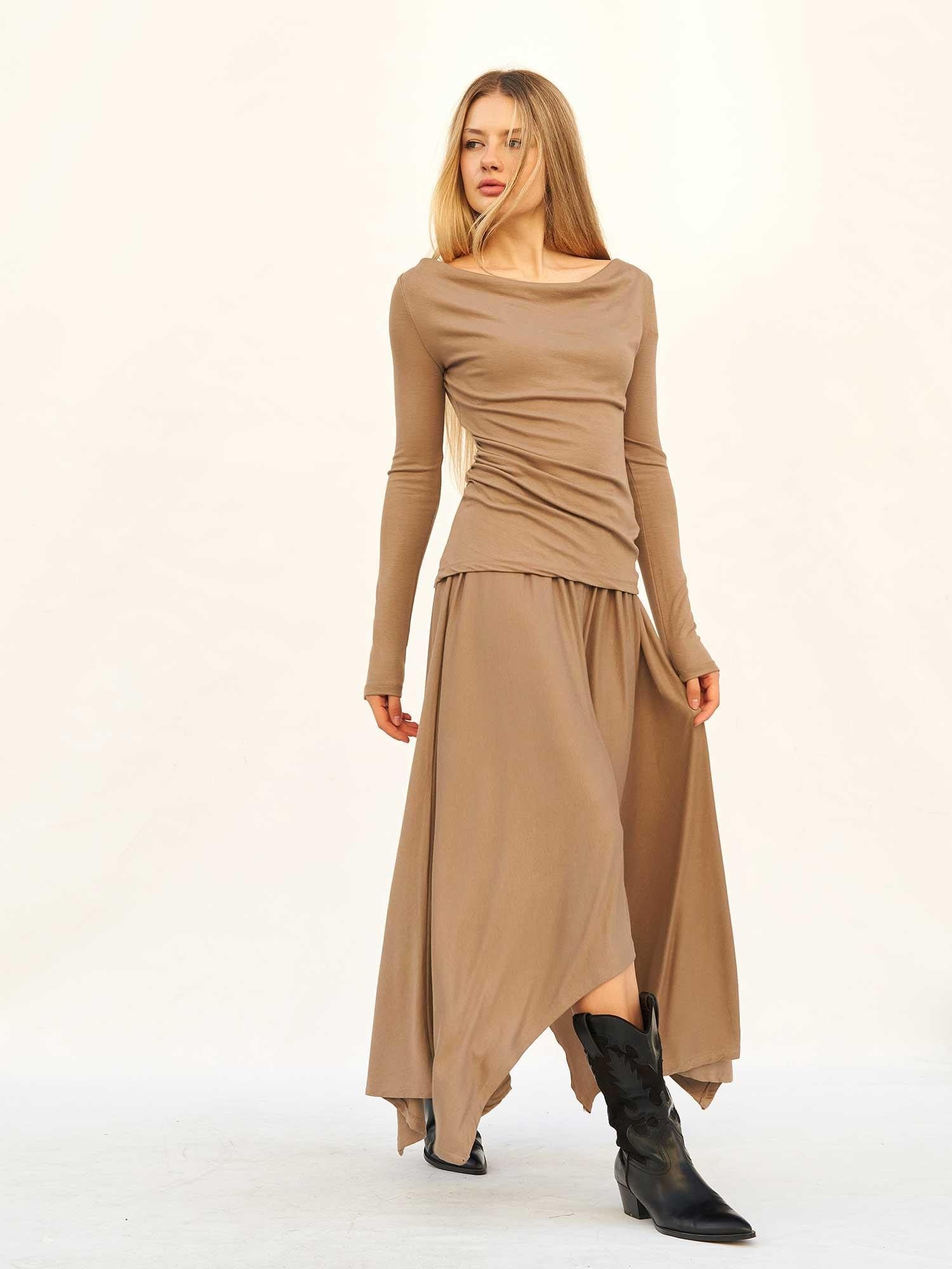 Draped Off-Shoulder Top and High-Low Midi Skirt Co-ord Set in Taupe - Lefon - by Peralane - photo 2