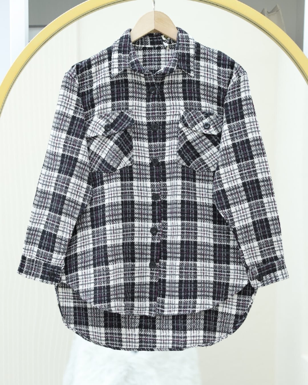 Black and White Plaid Tweed Shirt with Flap Pockets - Podyumplus - by Peralane - photo 3