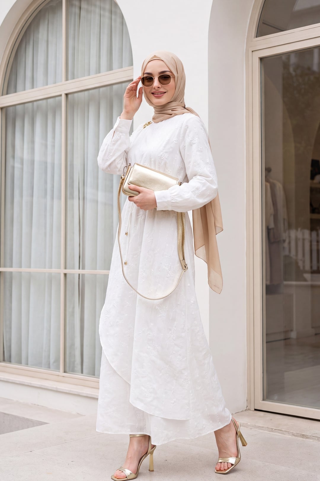 White Double-Layer Wrap Linen Look Dress with Brooch - Podyumplus - by Peralane - photo 4