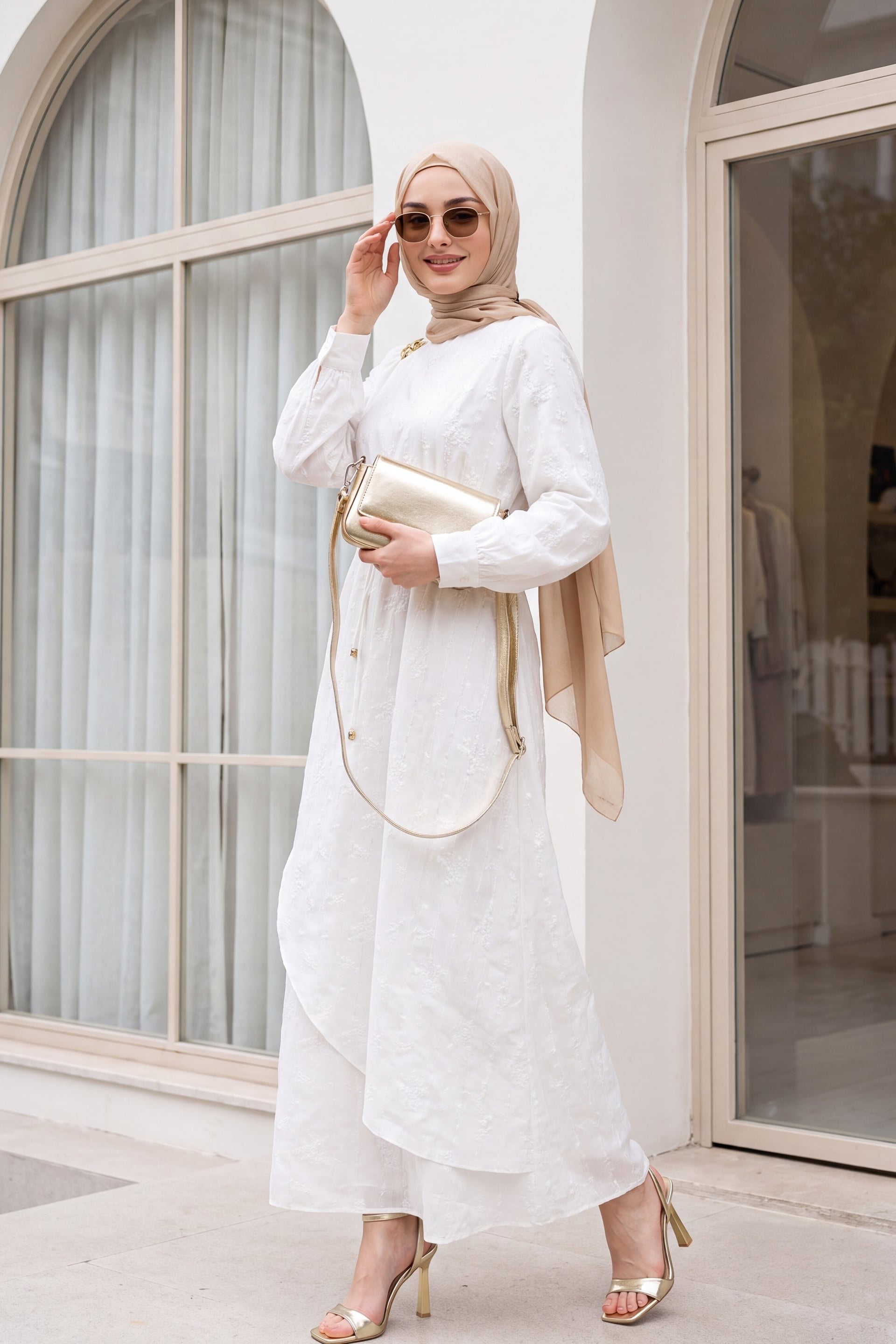 White Double-Layer Wrap Linen Look Dress with Brooch - Podyumplus - by Peralane - photo 4