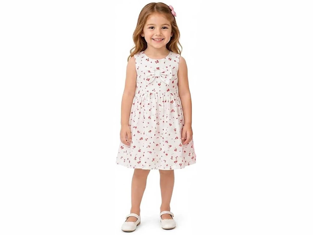Girl's Sleeveless Floral Print Dress with Bow - Bittos Kids - by Peralane