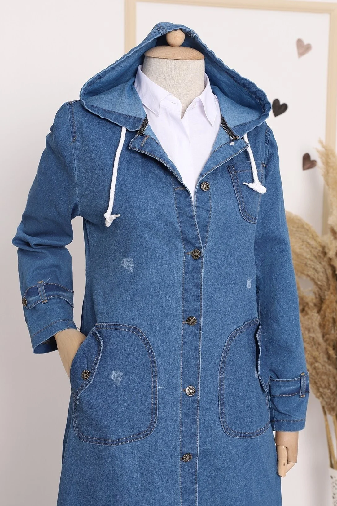 Women's Hooded Long Denim Coat in Dark Navy - Podyumplus - by Peralane - photo 4