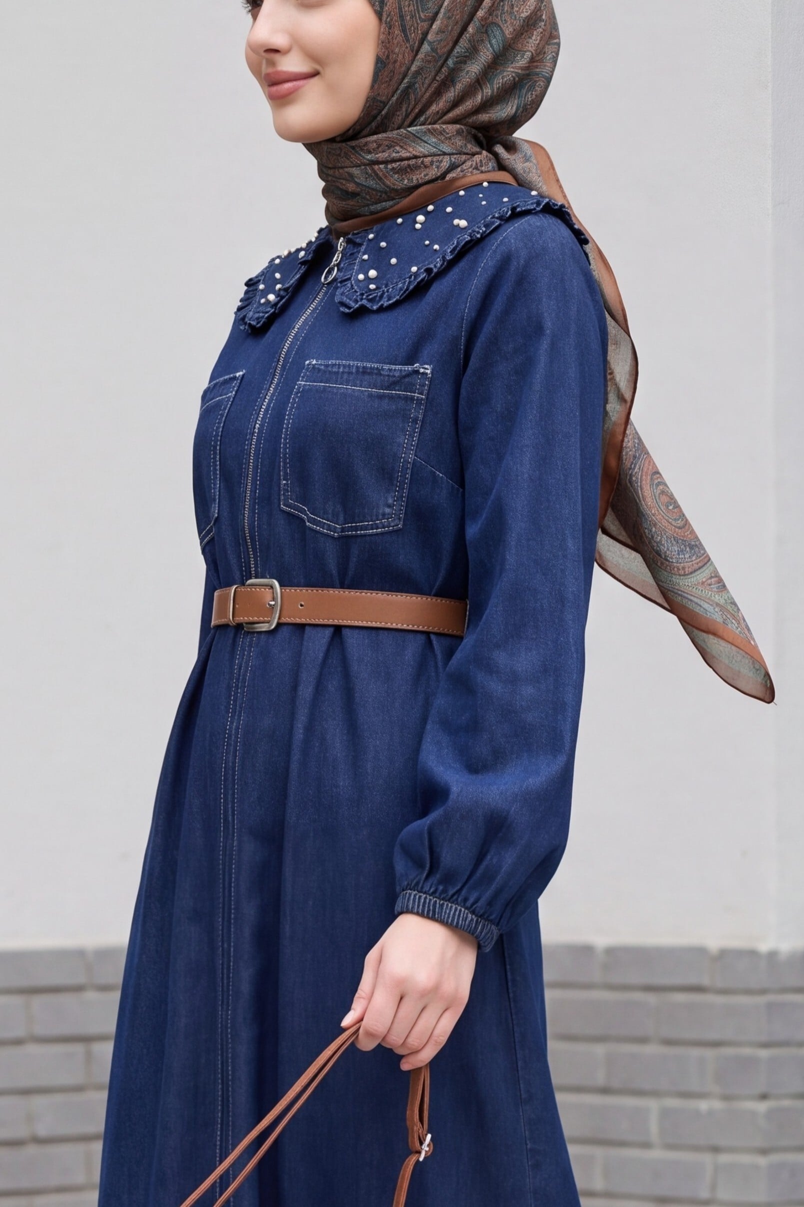 Peter Pan Collar Half Zip Pearl Detail Belted Denim Dress - Navy - Podyumplus - by Peralane - photo 3