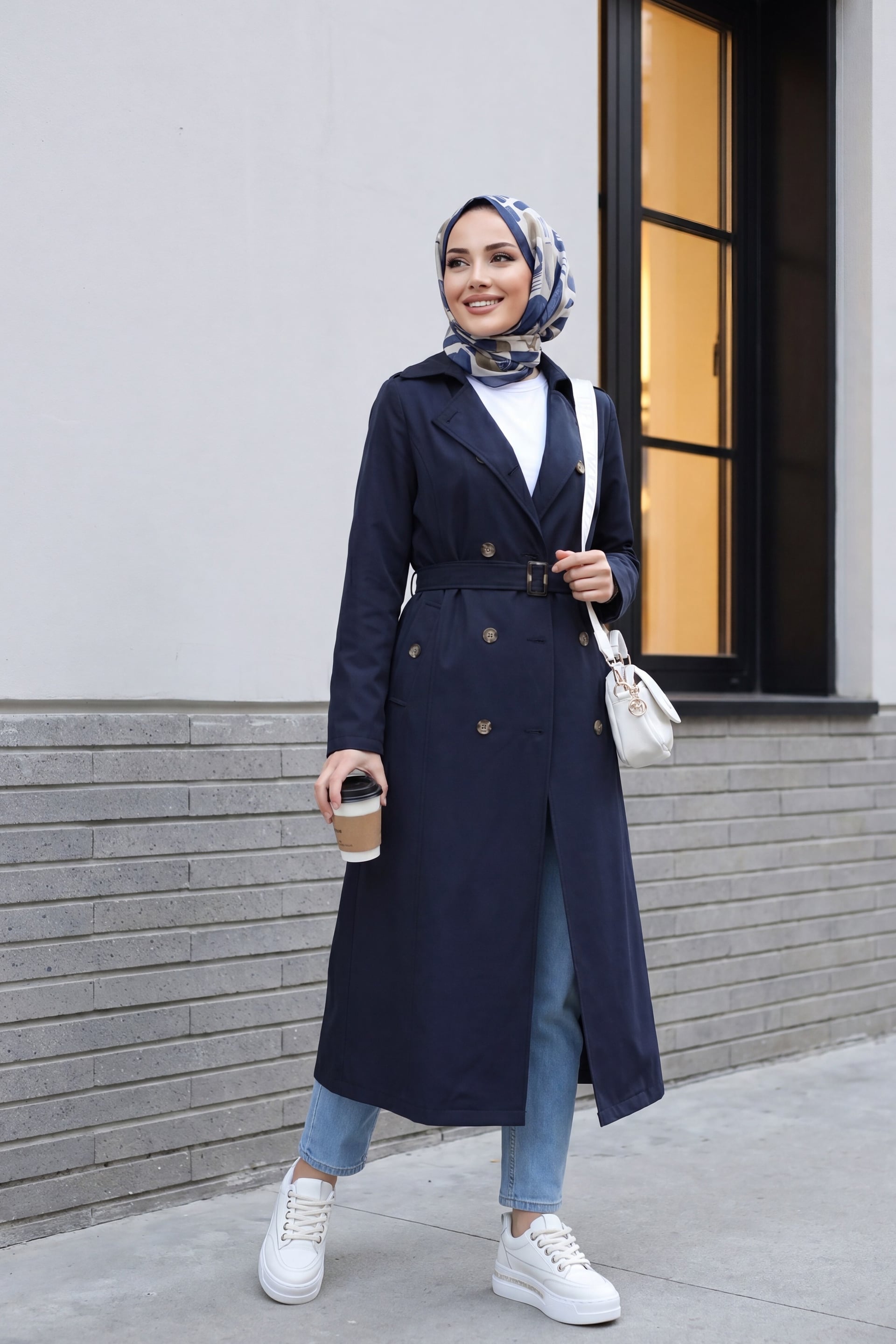 Double-Breasted Belted Trench Coat - Navy - Podyumplus - by Peralane - photo 2