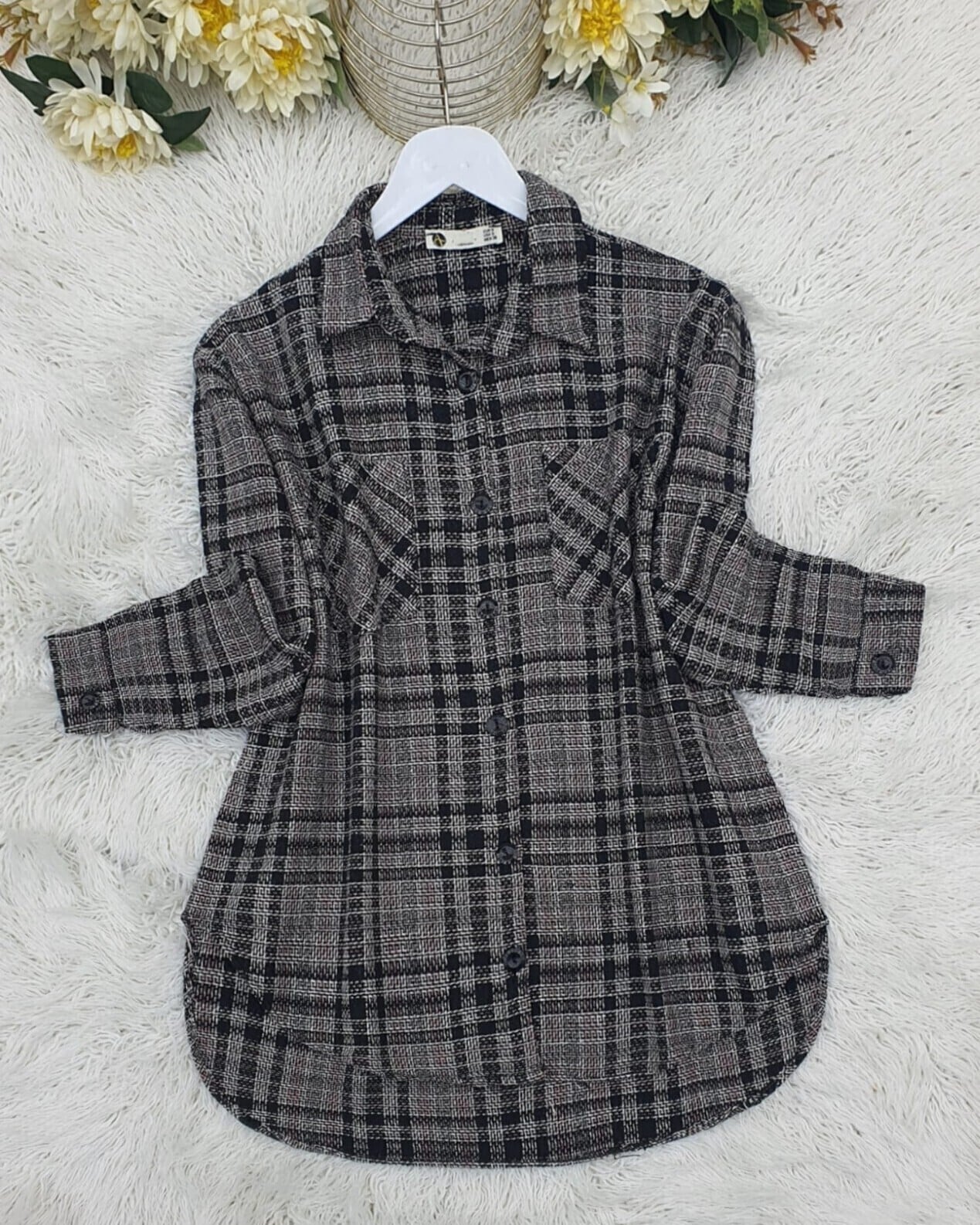 Pudra Tweed Button-Front Shirt with Double Pockets - Podyumplus - by Peralane - photo 2