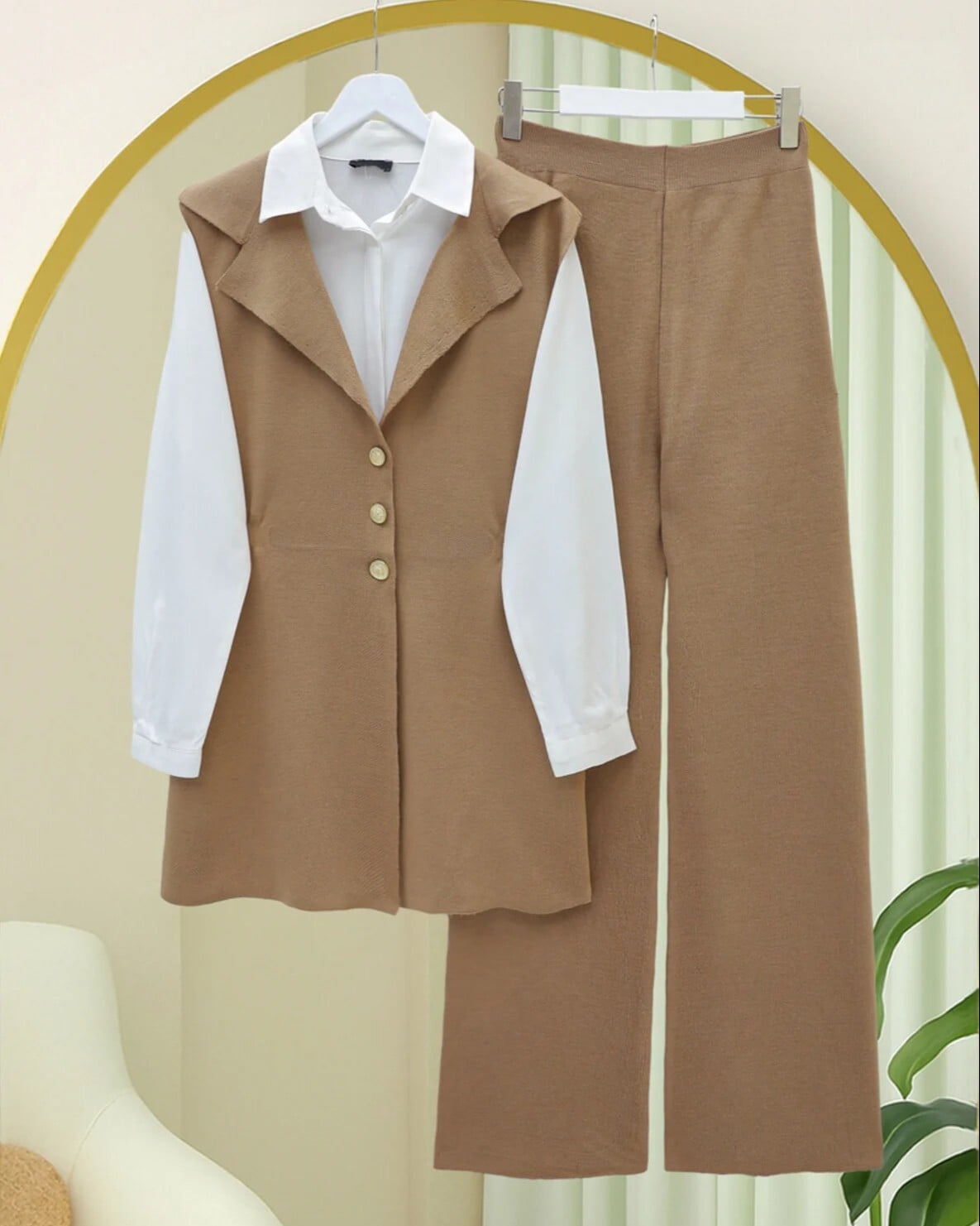 Buttoned V-Neck Vest and Wide-Leg Trousers Knit Co-ord Set - Camel - Podyumplus - by Peralane - photo 2
