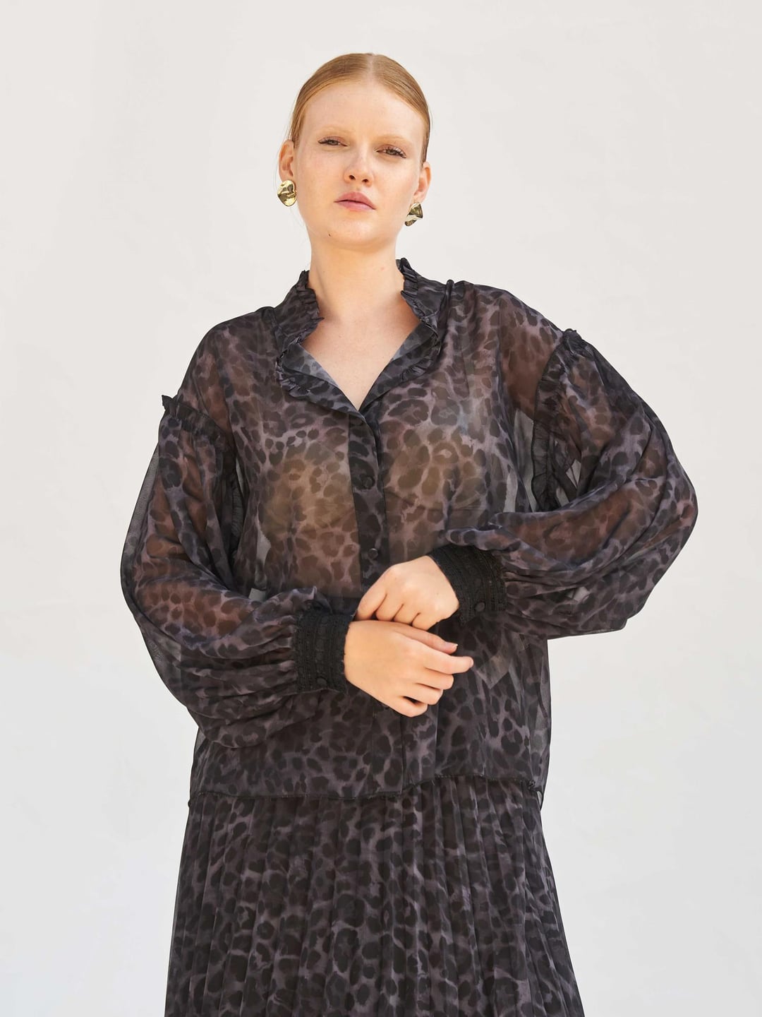 Leopard Print Sheer Blouse with Ruffled Collar - Lefon - by Peralane - photo 8